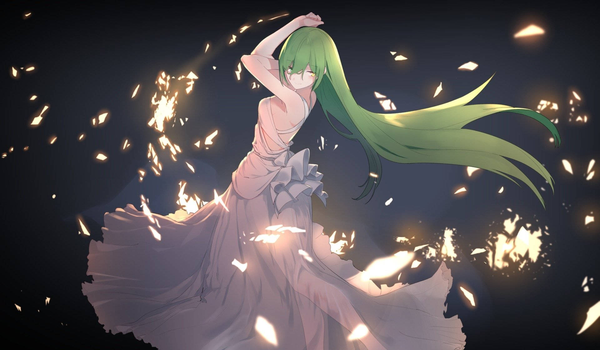 anime dance 桌布 壁紙 — 一位綠髮動漫女孩穿著飄逸的連衣裙，在黑暗背景中閃爍的餘燼中起舞。