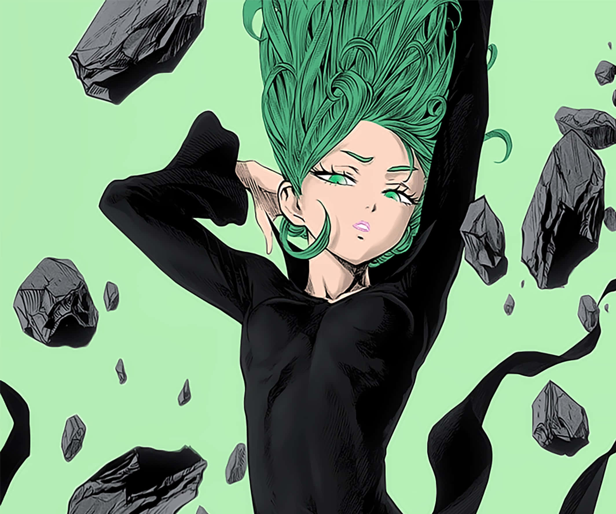 One Punch Man Season 2 桌布 壁紙 — 一位綠髮動漫女孩穿著黑色服裝，被漂浮的黑色岩石包圍，背景是薄荷綠色。
