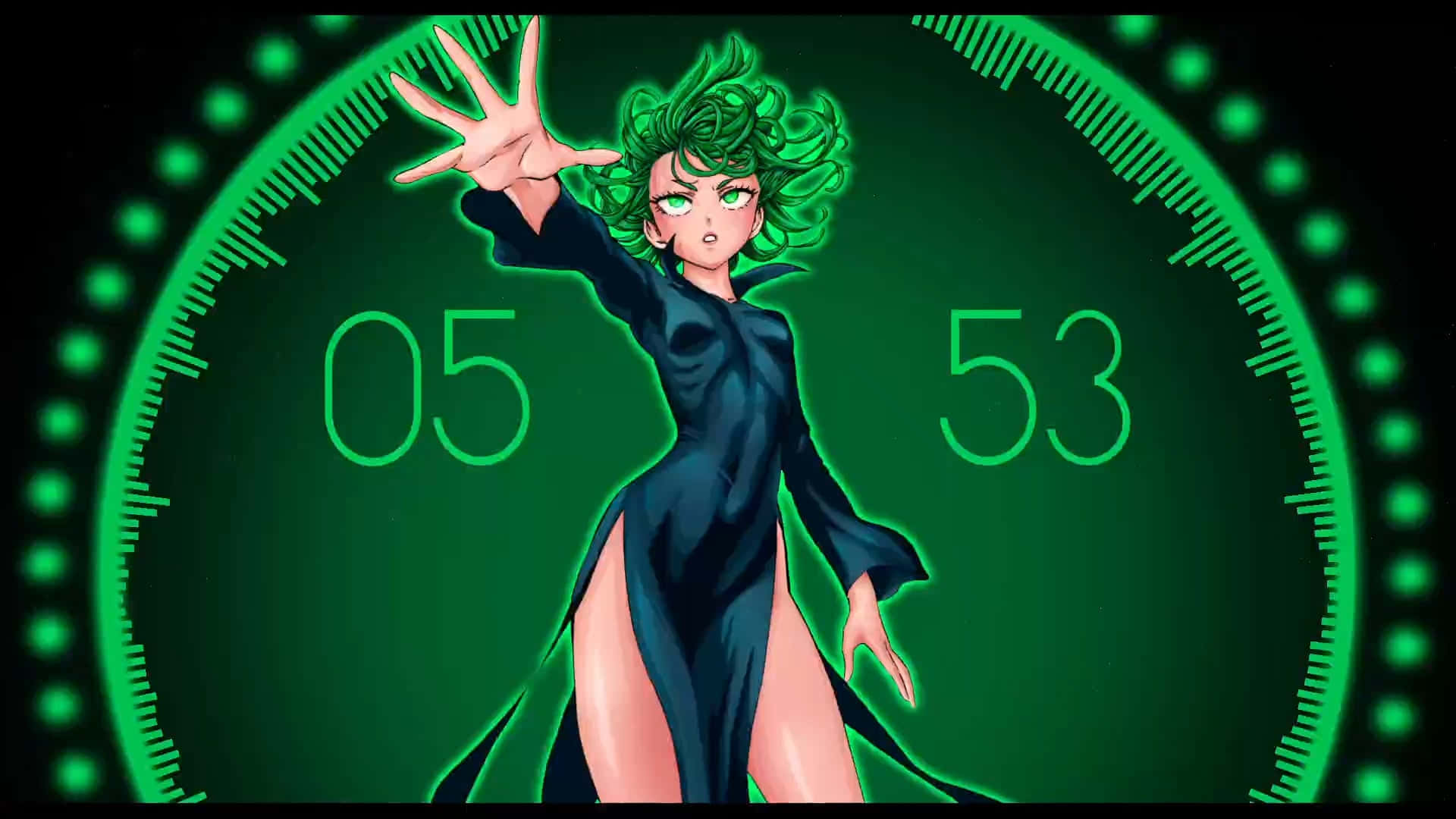 Tatsumaki 桌布 壁紙 — 一位綠髮動漫女孩穿著黑色連衣裙，站在一個發光的綠色數字時鐘前，時鐘顯示05:53。