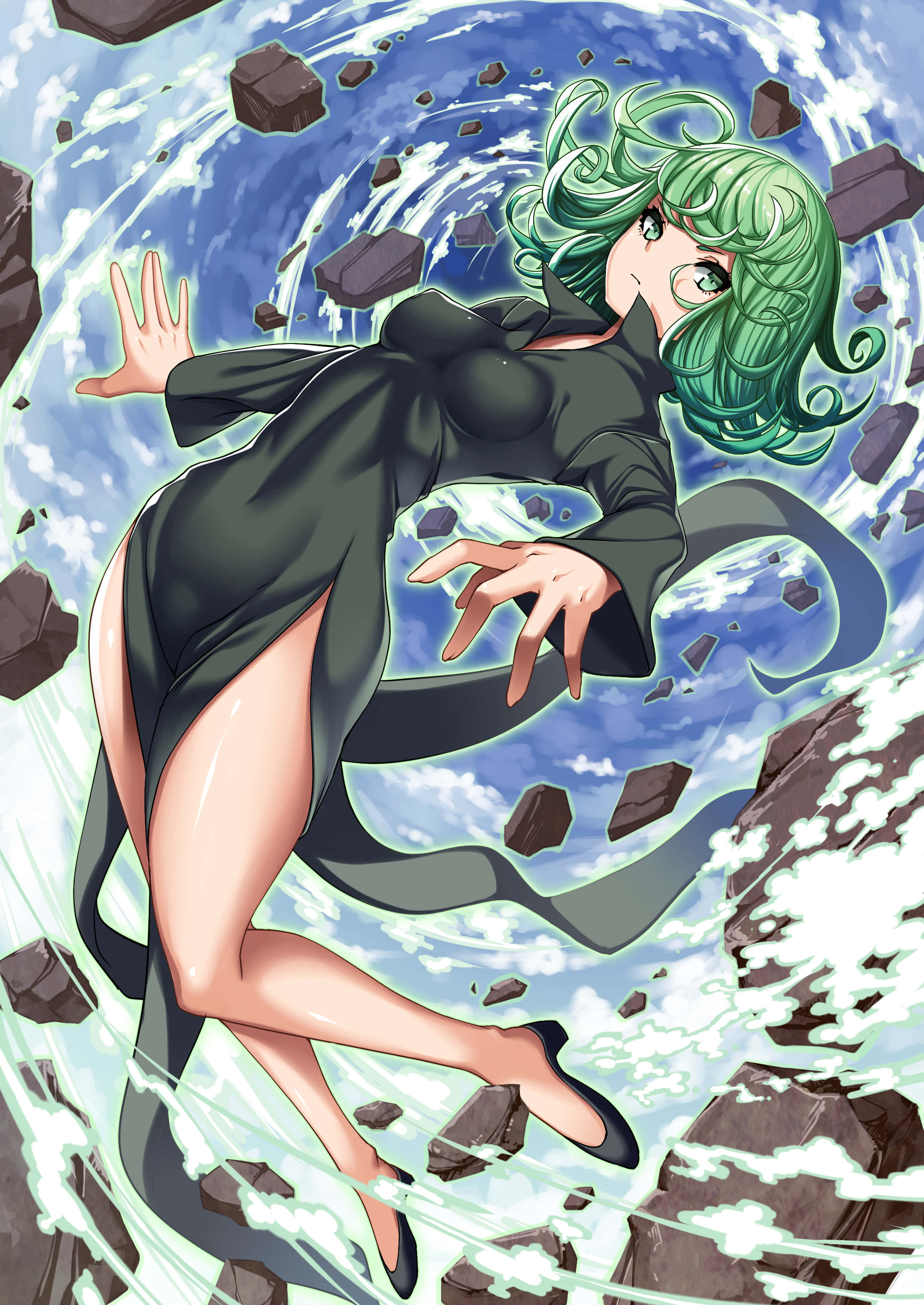 Tatsumaki 桌布 壁紙 — 一位綠髮動漫女孩穿著黑色連衣裙，用優雅的雙手操控旋轉的水和漂浮的岩石。