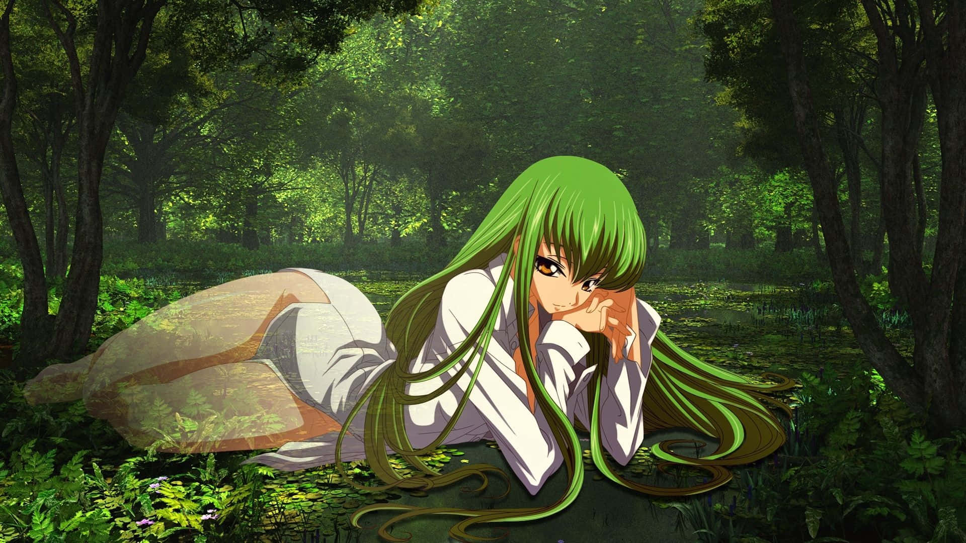 Anime Forest 桌布 壁紙 — 一位綠髮動漫女孩身穿白色襯衫，躺在長滿苔蘚的森林地面上，周圍是高聳的樹木和斑駁的陽光。
