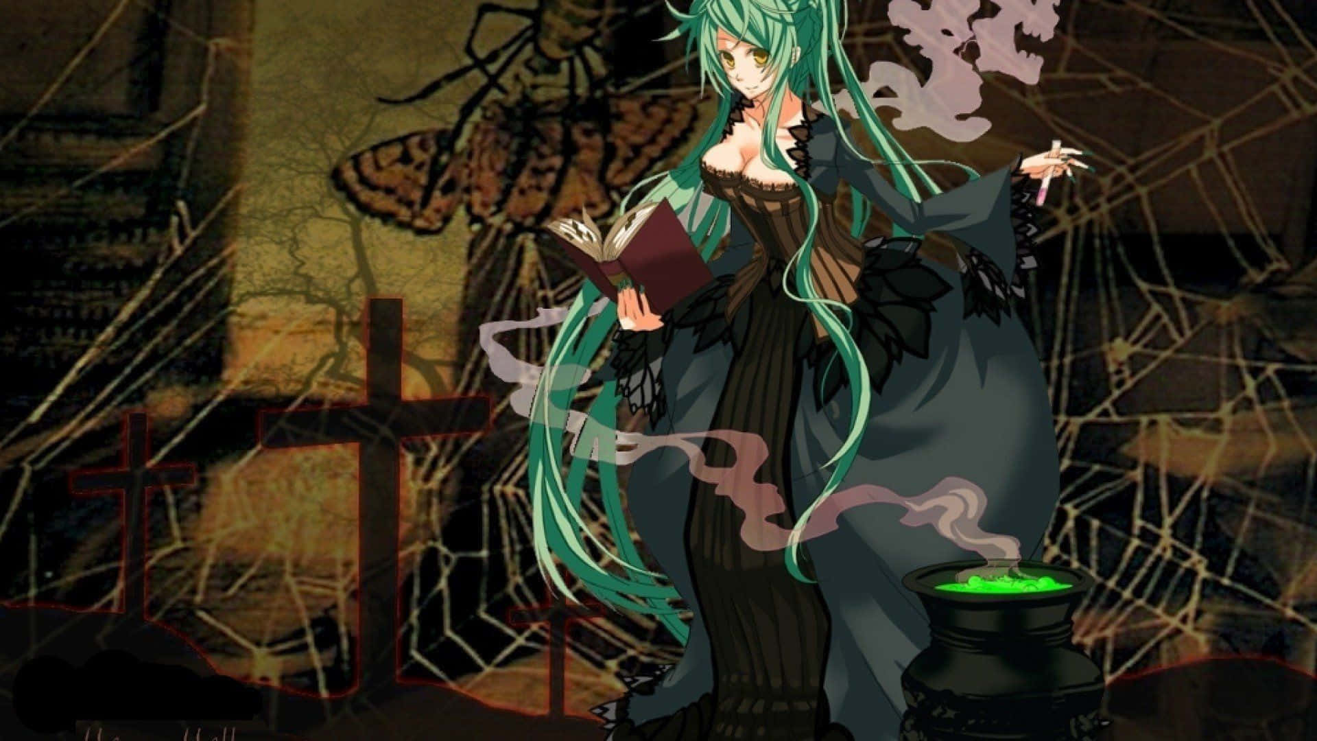 Evil Witch 桌布 壁紙 — 一位綠髮動漫女巫穿著深色連衣裙，拿著一本書，在陰森的墓地裡冒泡的大鍋旁抽煙。