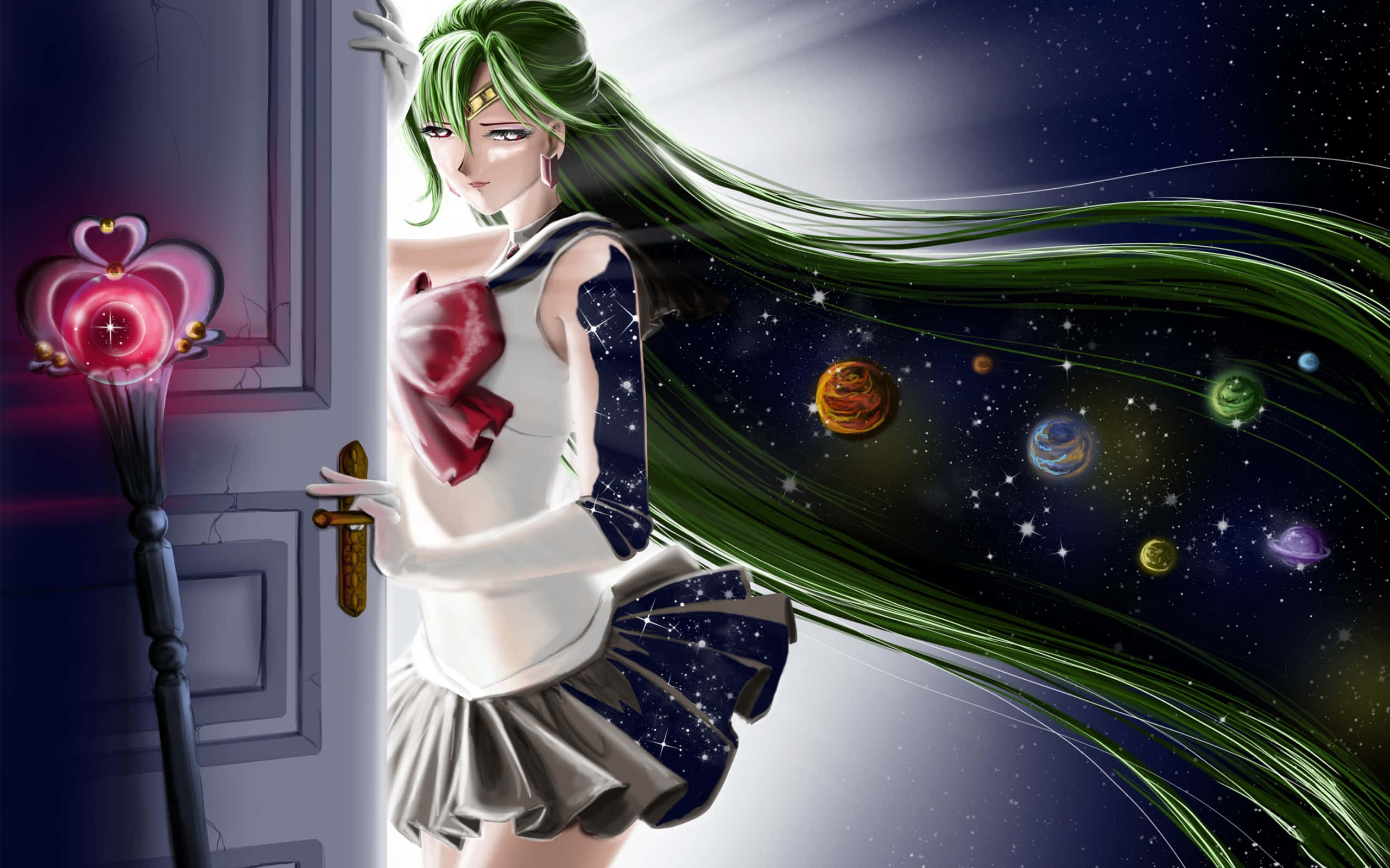 動漫女孩 桌布 壁紙 — 一位綠髮動漫少女穿著星紋水手服站在門口，身後有行星旋轉，旁邊有一根發光的法杖。