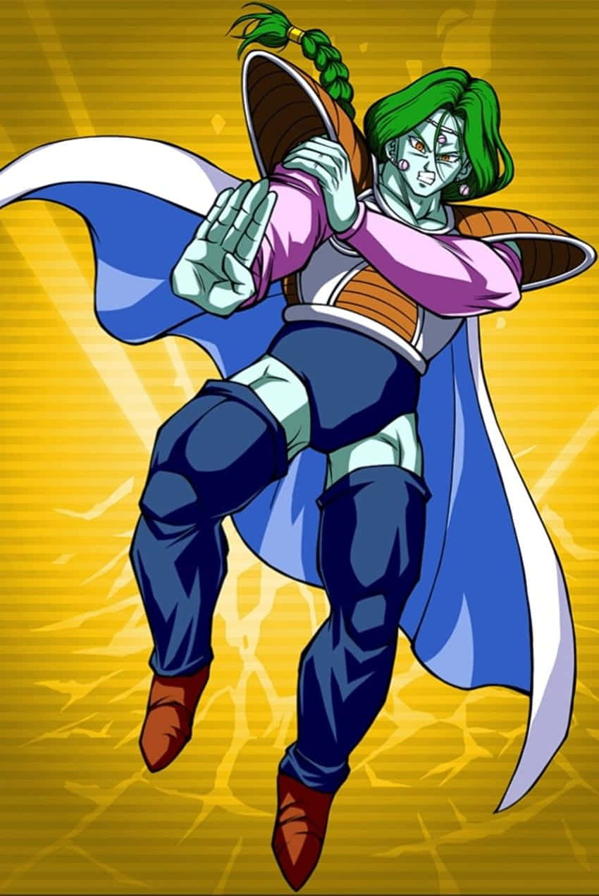 Zarbon 桌布 壁紙 — 一位綠髮動漫戰士，身穿藍色披風和橙色盔甲，在耀眼的黃色背景前擺出動態戰鬥姿勢。
