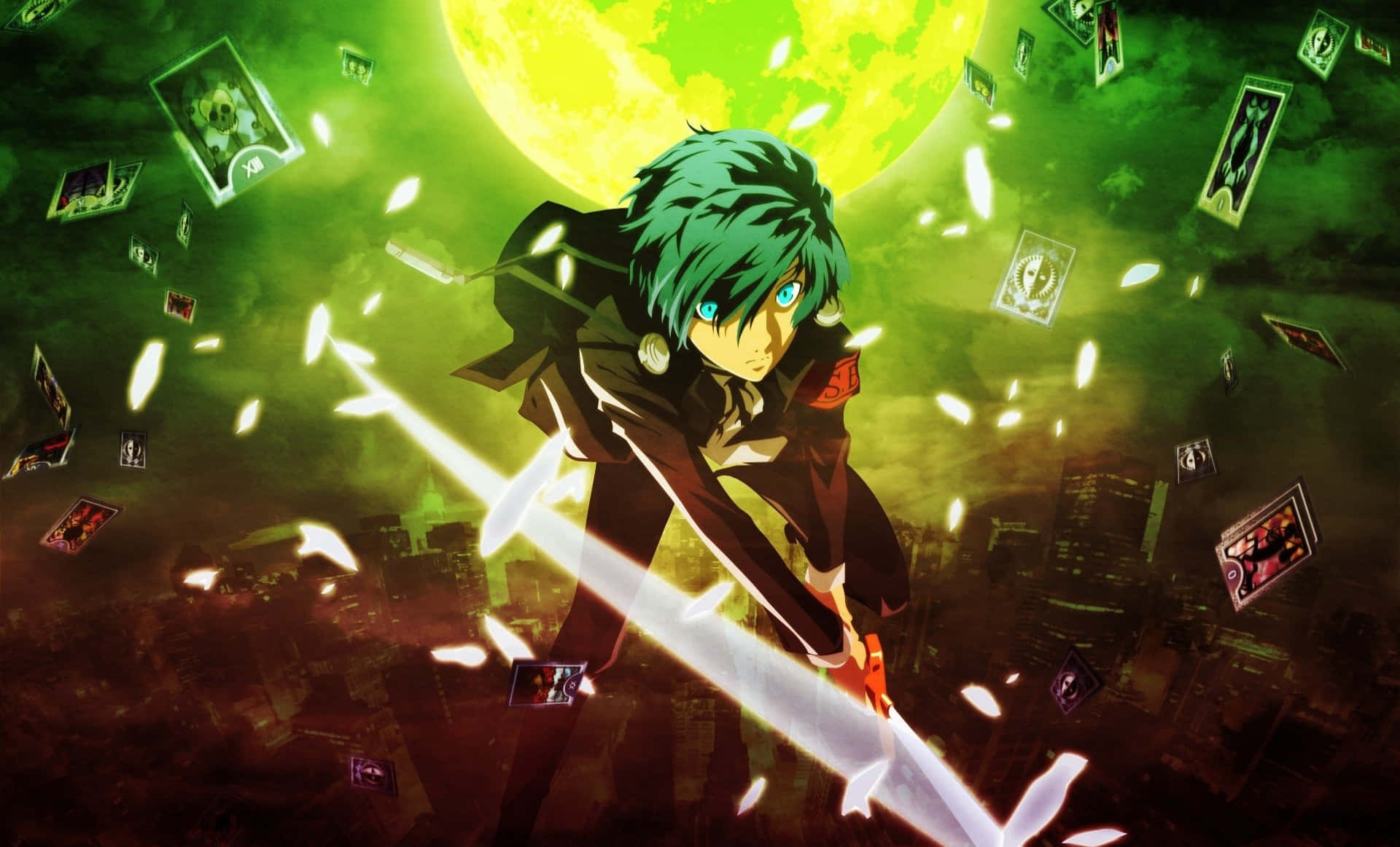Anime Character 桌布 壁紙 — 一位綠髮動漫戰士在漂浮卡片和巨大綠色月球的背景下揮舞著發光的劍。