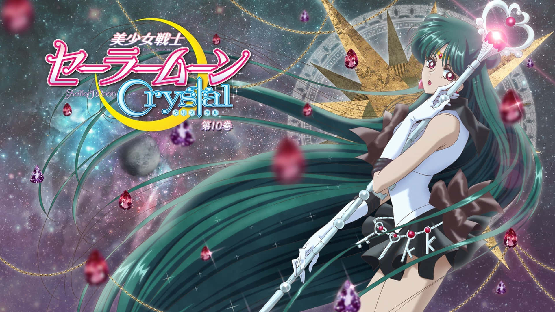 Crystal 桌布 壁紙 — 一位綠髮動漫戰士穿著黑白制服，在漂浮的寶石和宇宙星辰中揮舞著發光法杖。