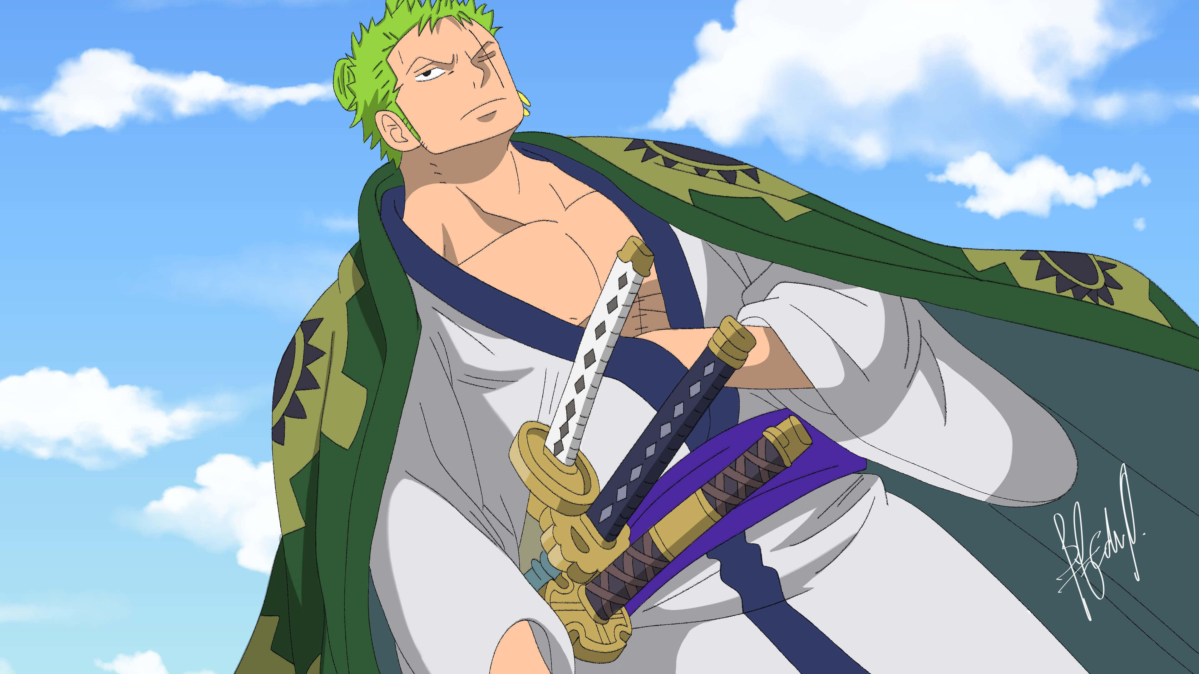 Wano Country 桌布 壁紙 — 一位綠髮動漫戰士身穿白色長袍和綠色斗篷，在晴朗的藍天和蓬鬆的雲朵下持劍。
