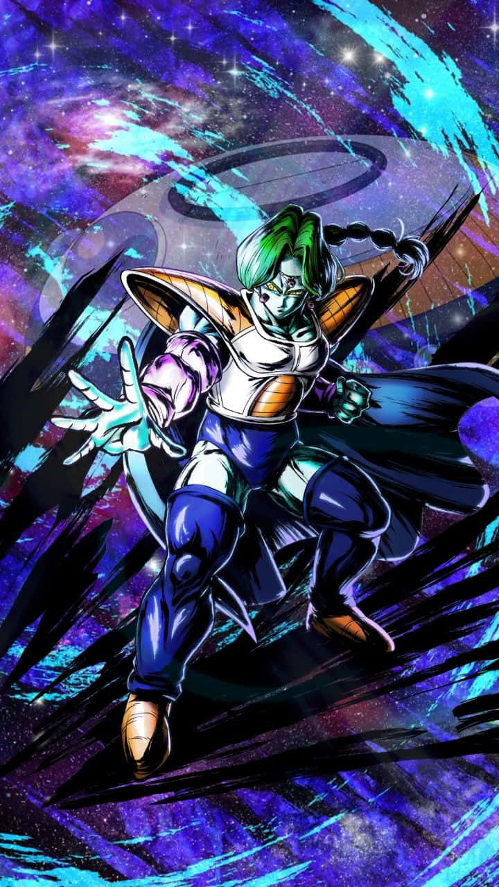 Zarbon 桌布 壁紙 — 一位綠髮動漫戰士身穿藍白盔甲，在充滿旋轉星雲和恆星的宇宙銀河背景下動態站立。