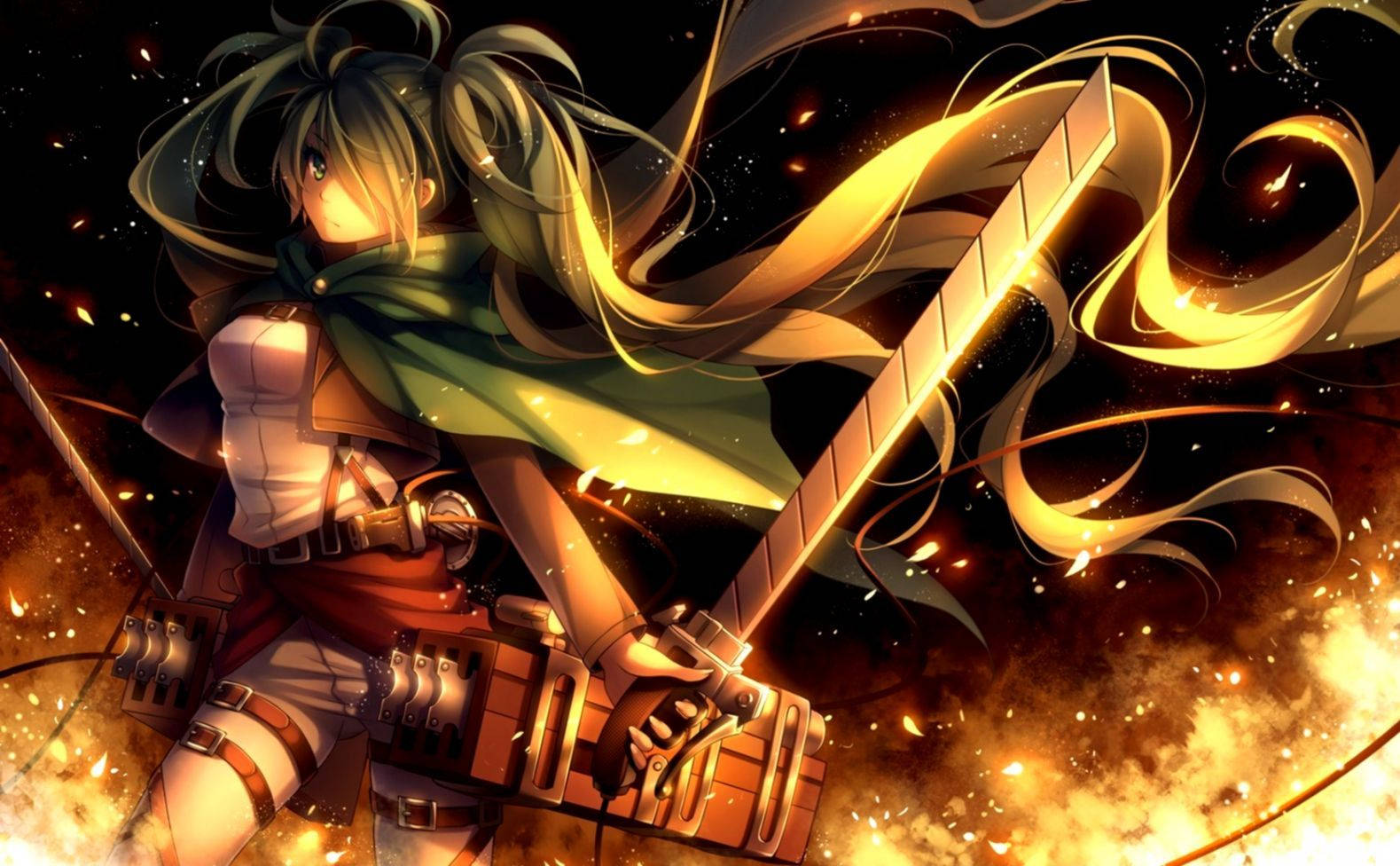 Fire Anime 桌布 壁紙 — 一位綠髮披風的動漫戰士，在黑暗背景中，於熾熱火花中揮舞著發光的劍。