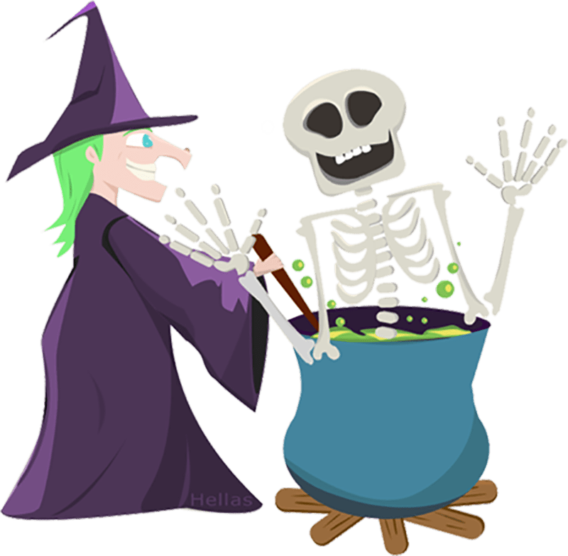 Halloween 桌布 壁紙 — 一位綠髮的快樂女巫攪拌著冒泡的大鍋，旁邊一個骷髏開心地揮手。