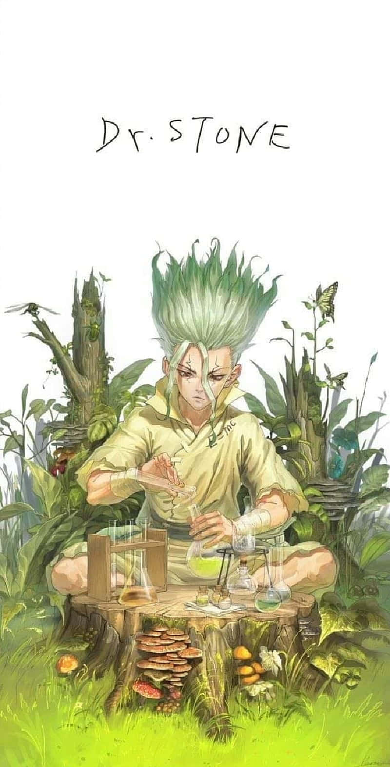 動漫 桌布 壁紙 — 一位綠髮科學家在叢林環境中，在樹樁上的玻璃燒瓶中混合發光的液體。