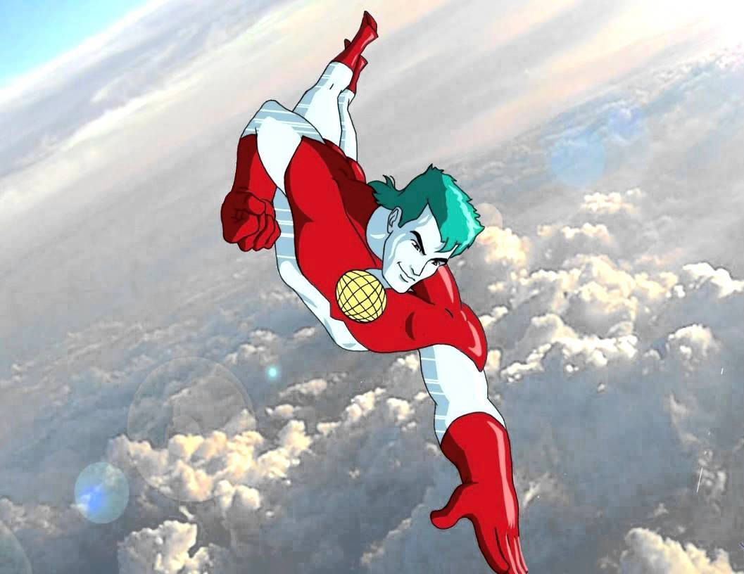 Captain Planet 桌布 壁紙 — 一位綠髮紅衣的超級英雄在明亮的天空中翱翔於蓬鬆的雲層之上。