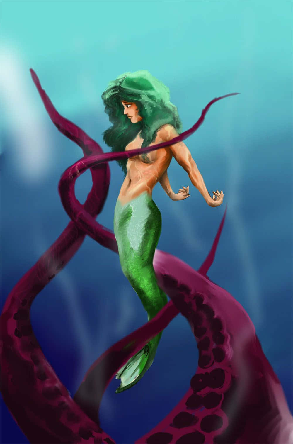 美人魚 桌布 壁紙 — 一位綠髮綠尾的美人魚在深藍色海底場景中被巨大的紫色觸手纏繞。