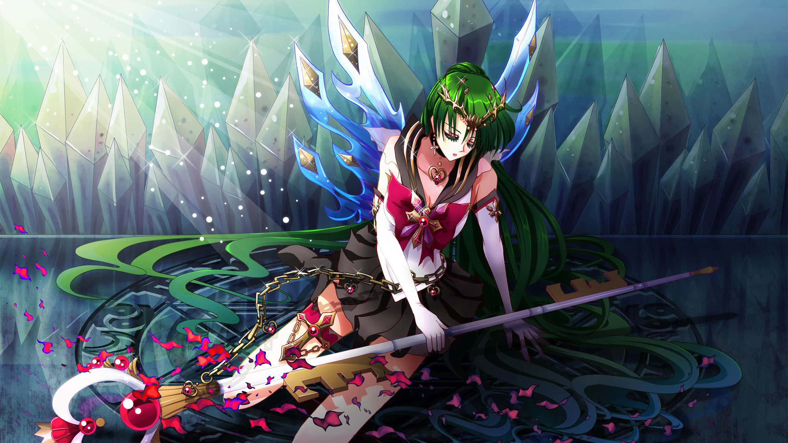 Sailor Pluto 桌布 壁紙 — 一位綠髮藍翼的動漫女孩跪在晶洞中，手持法杖，周圍漂浮著花瓣。