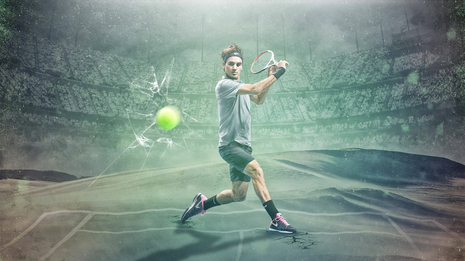 roger 桌布 壁紙 — 一位網球運動員在一個有裂縫球場線的霧氣瀰漫的體育館中揮動球拍擊打一個發光的球。