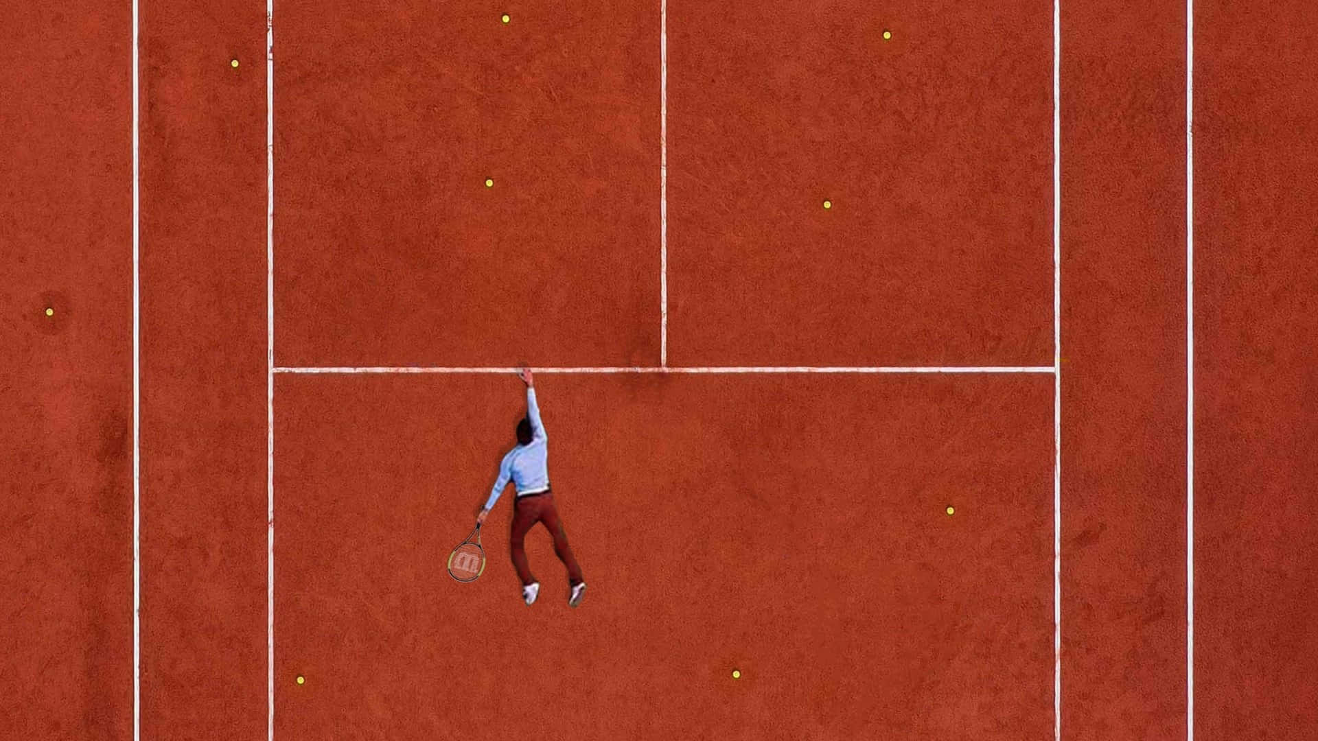 Tennis 桌布 壁紙 — 一位網球運動員在紅土球場上正處於發球動作中，從正上方觀看。