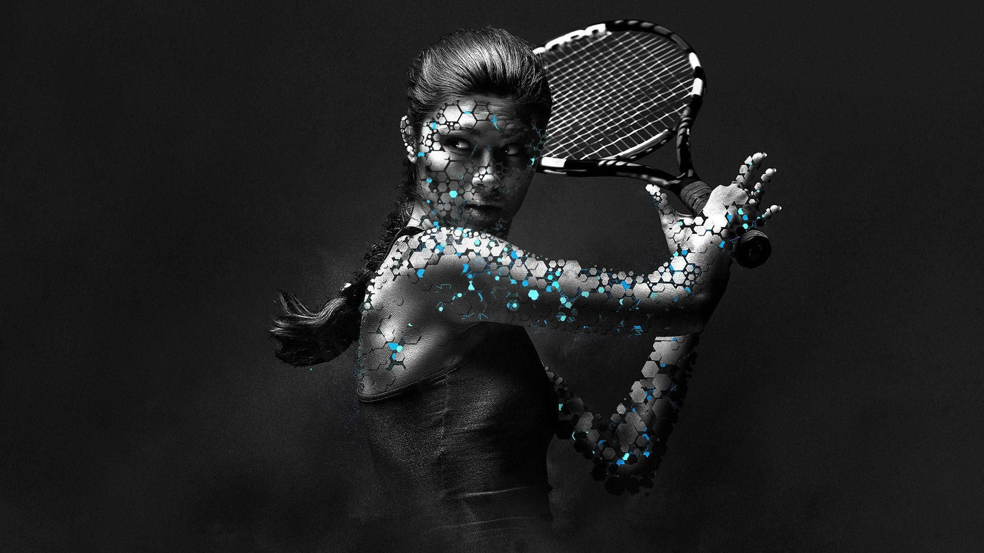 Tennis 桌布 壁紙 — 一位網球運動員的臉部和手臂上有發光的藍色分子圖案，在黑暗背景下握著球拍。