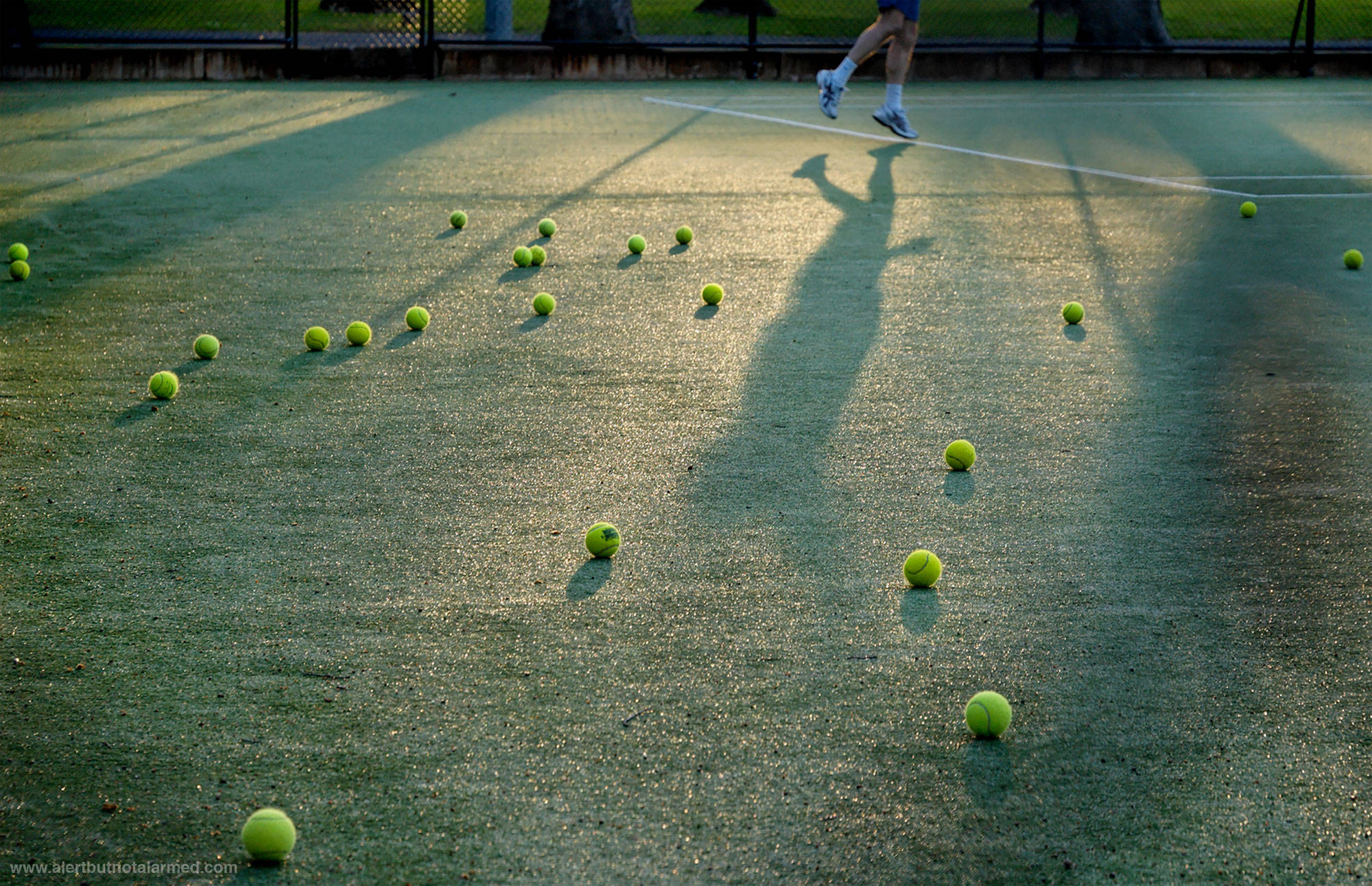 Tennis 桌布 壁紙 — 一位網球選手的影子在午後金黃光線下，伸展在散落著亮黃色網球的球場上。