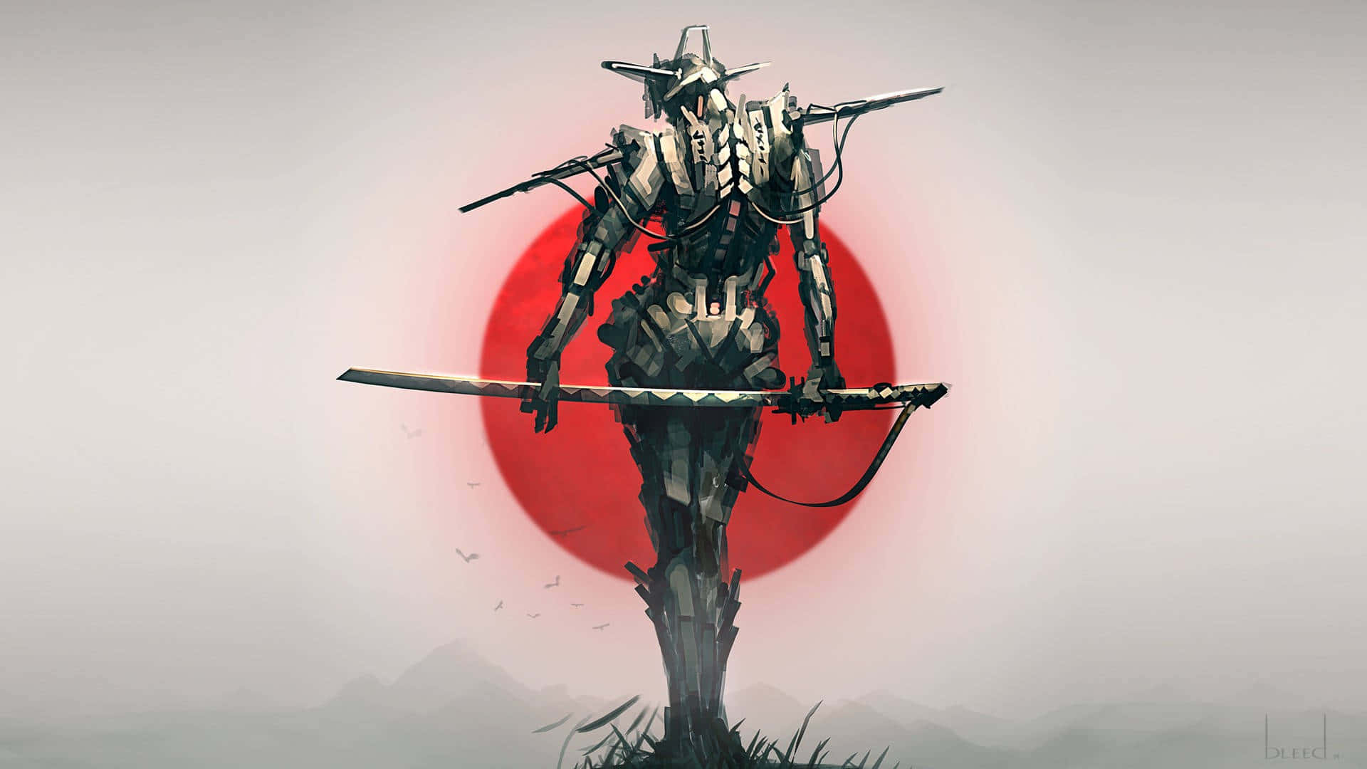 武士動畫 桌布 壁紙 — 一位網路武士戰士手持武士刀，在發光的紅色太陽背景下蓄勢待發。