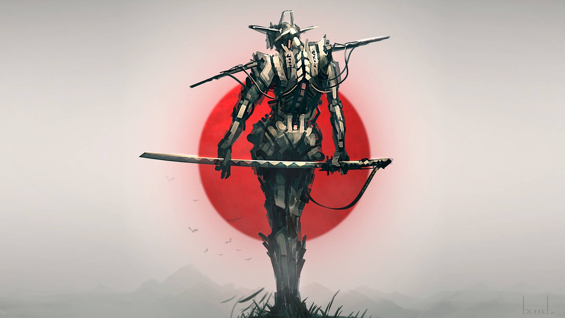 武士動畫 桌布 壁紙 — 一位網路武士戰士手持武士刀，在發光的紅色太陽背景下蓄勢待發。