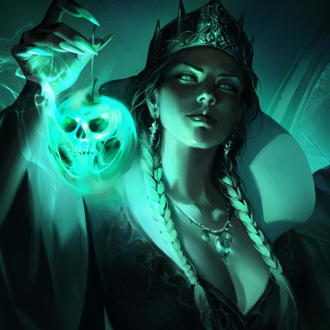 evil 桌布 壁紙 — 一位編著辮子、戴著王冠的黑暗女王，手持一個發光的綠色骷髏蘋果，沐浴在詭異的藍綠色光芒中。