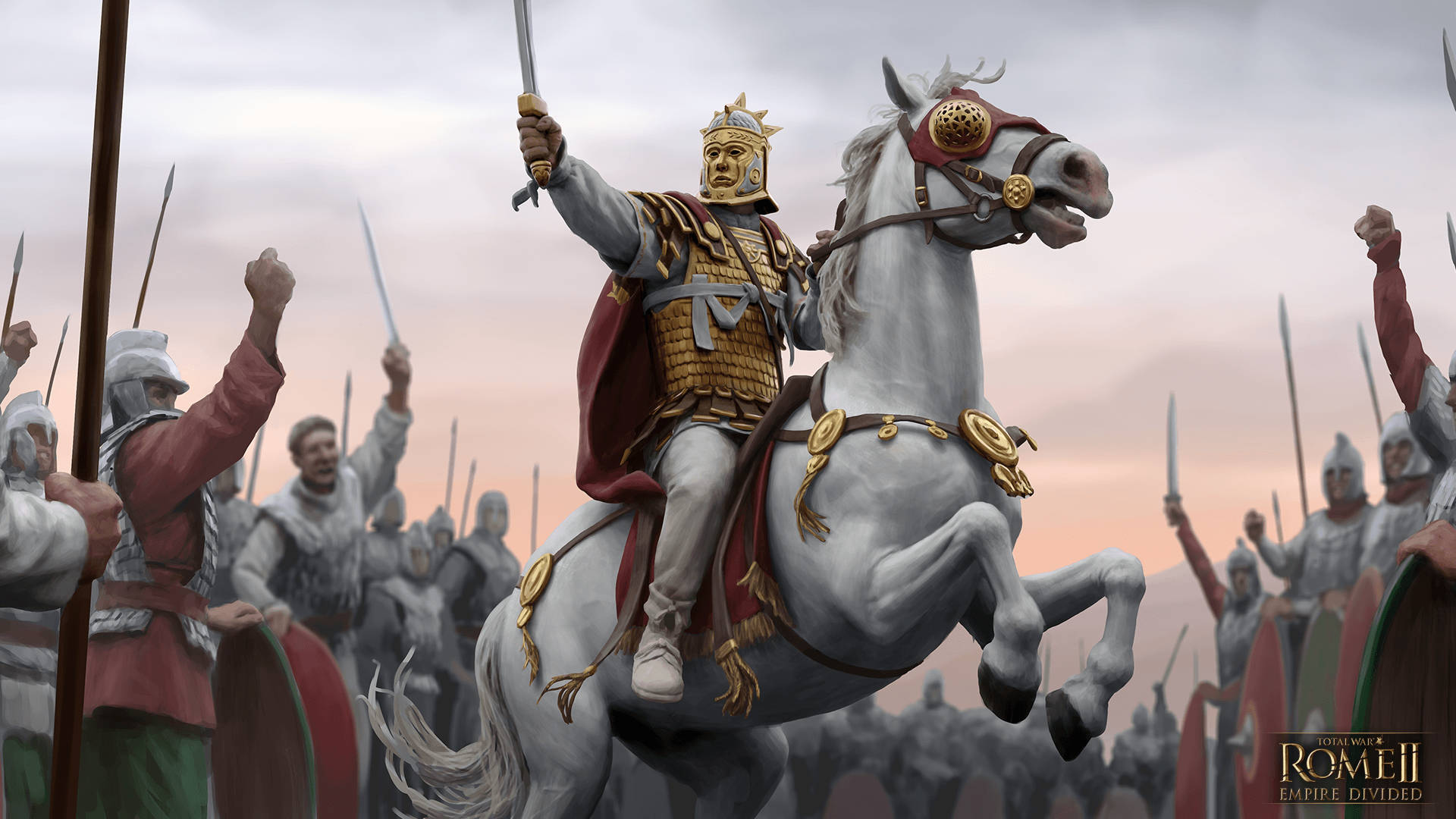 rome 2 桌布 壁紙 — 一位羅馬將軍騎著一匹騰躍的白色戰馬，在日落時分帶領他的軍隊進行勝利的衝鋒。
