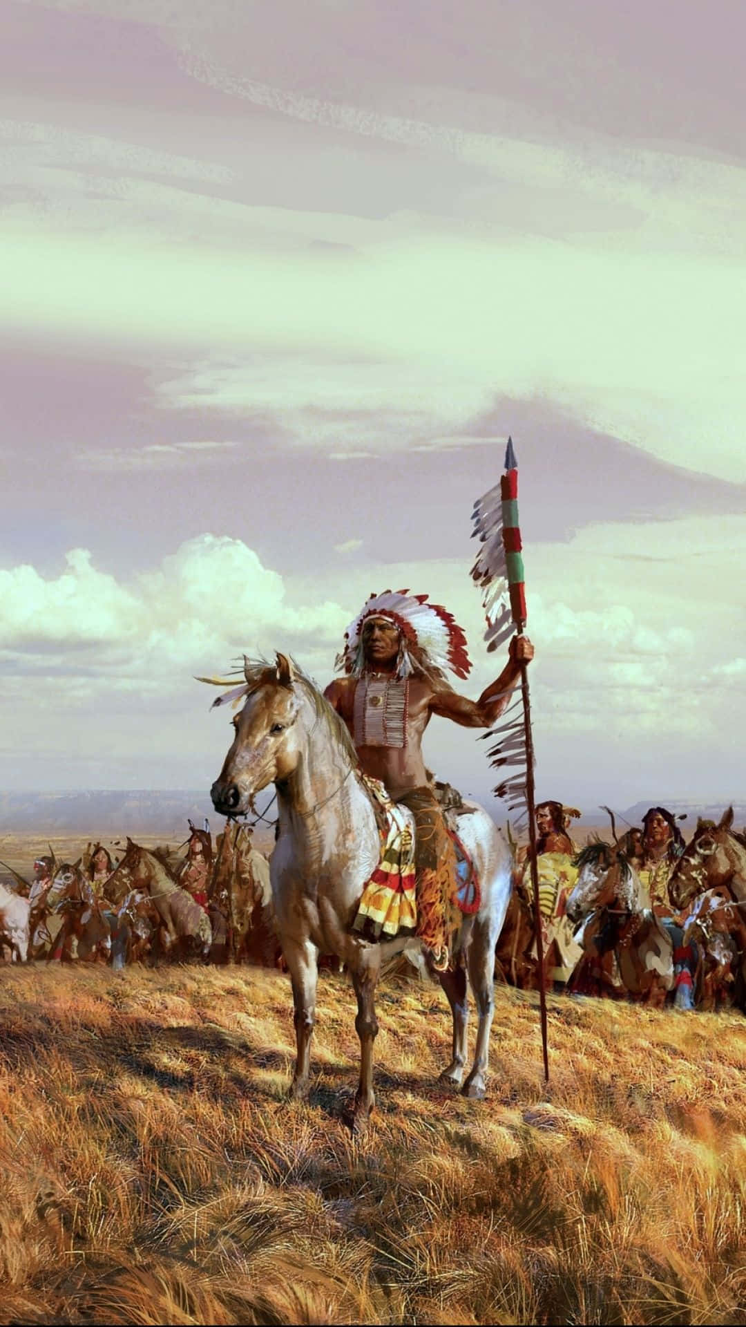 American Indian 桌布 壁紙 — 一位美洲原住民酋長騎著白馬，帶領騎兵衝鋒，穿越金色草原，天空柔和如粉彩。