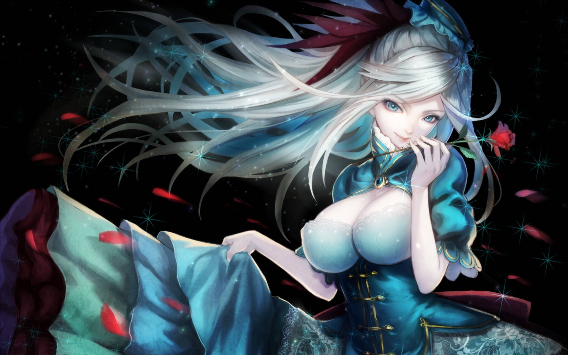 Ecchi 桌布 壁紙 — 一位美麗的動漫女孩，銀色長髮飄逸，身穿藍色連衣裙，在繁星點點的黑暗背景中手持一朵紅玫瑰。