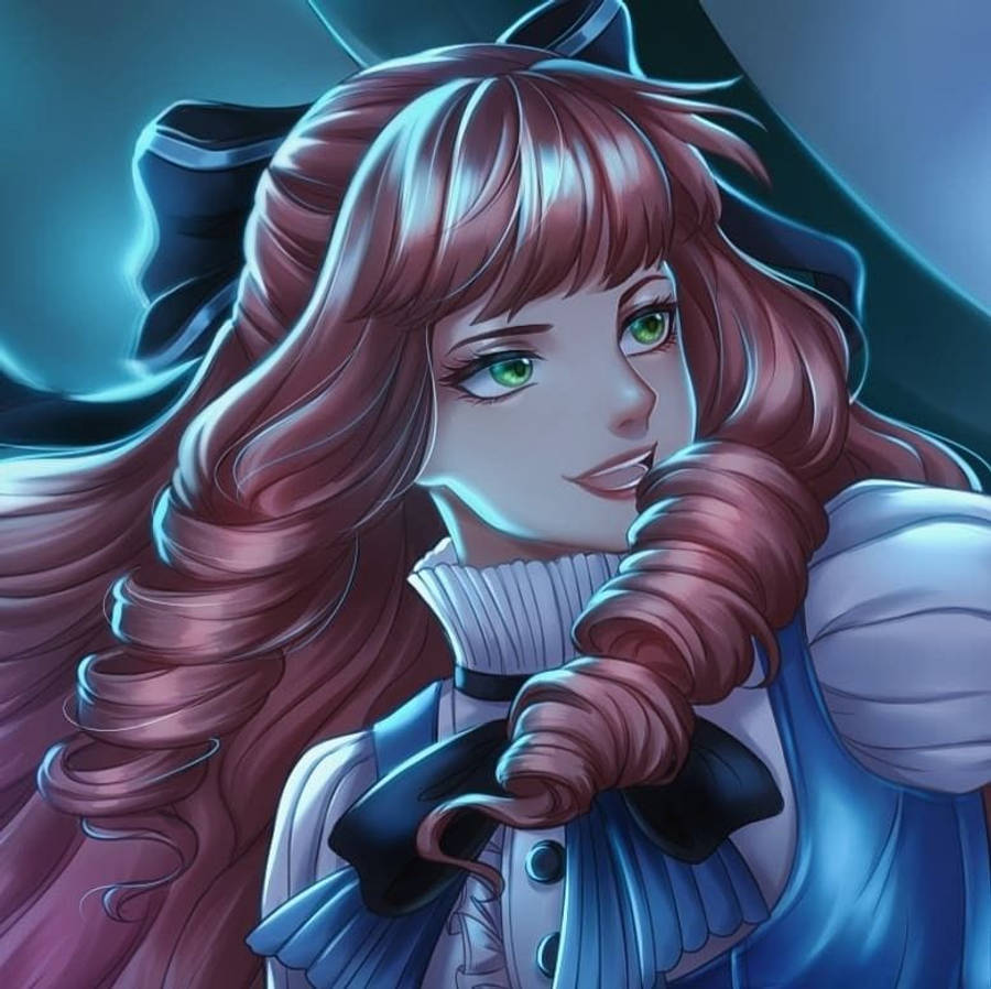 Guinevere 桌布 壁紙 — 一位美麗的動漫女孩，長長的紅褐色頭髮和綠色眼睛，穿著藍白相間的服裝，繫著黑色蝴蝶結，溫柔地微笑。