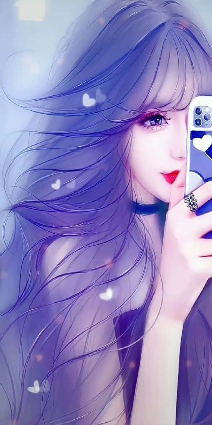 動漫女孩 桌布 壁紙 — 一位美麗的動漫女孩，飄逸的紫色頭髮，用手機自拍，發光的愛心在她周圍漂浮。