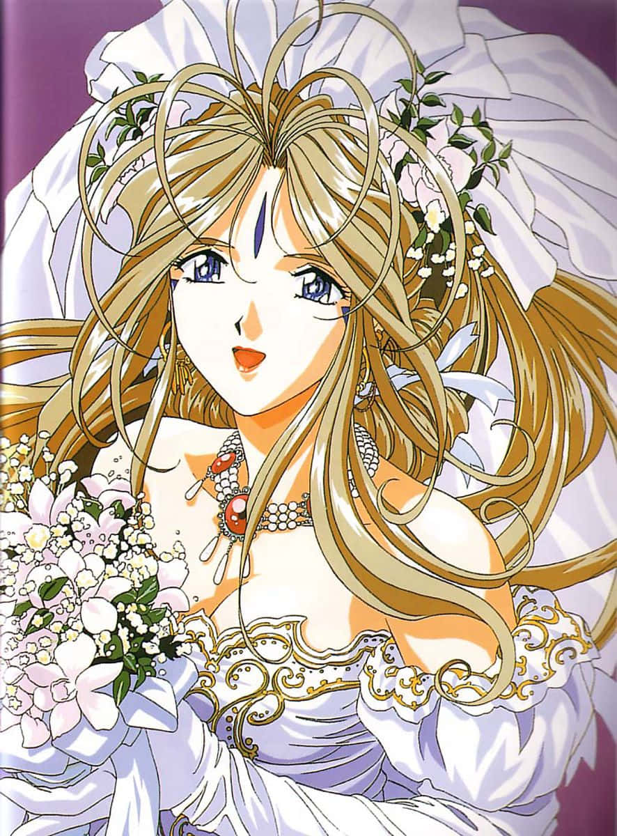 Ah My Goddess 桌布 壁紙 — 一位美麗的金髮藍眼動漫新娘，身穿華麗白色婚紗，手持一束白色鮮花。