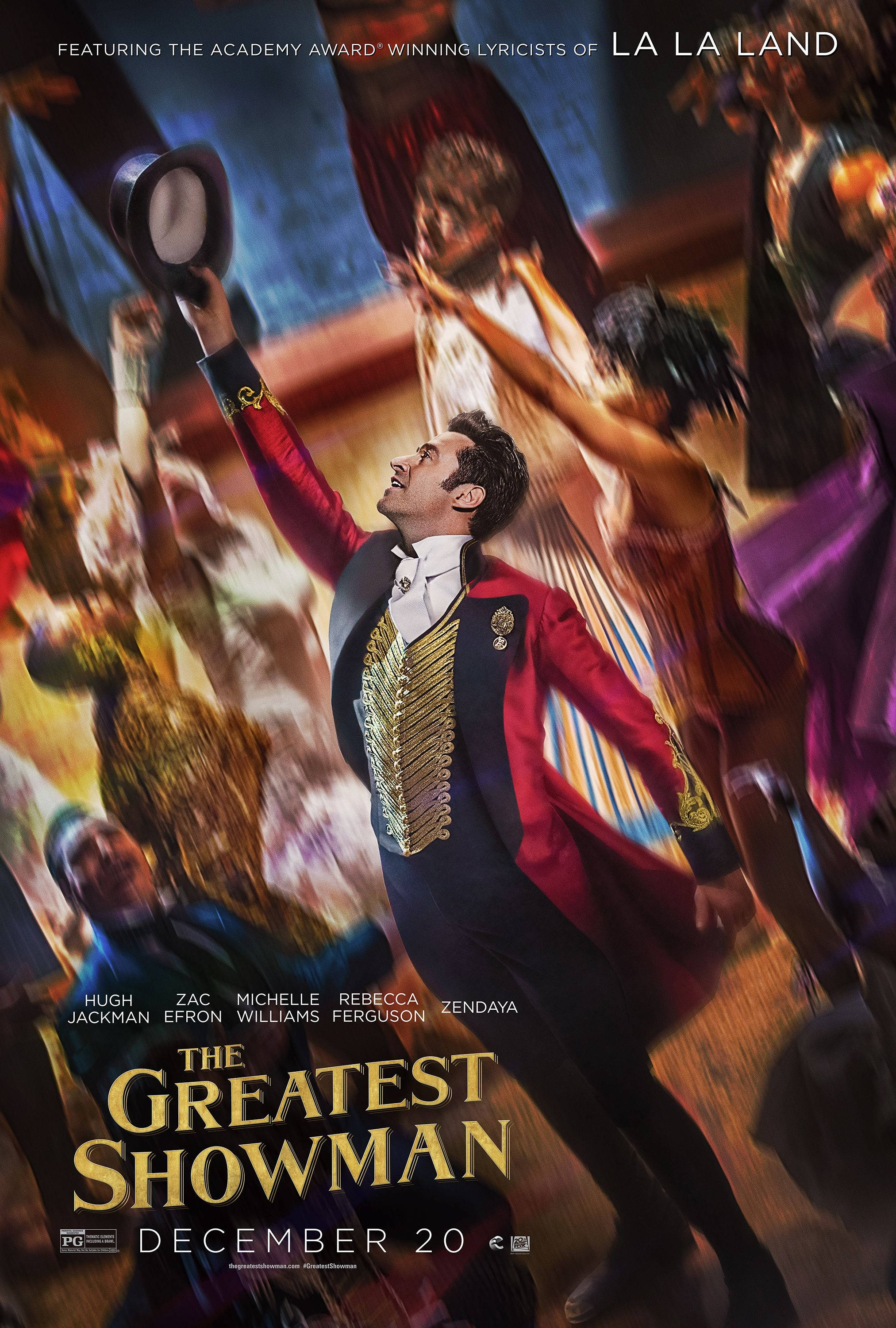 Greatest 桌布 壁紙 — 一位耀眼的表演者身穿紅金色表演者西裝，高舉高頂帽，在旋轉的舞者人群中歡快地跳躍，呈現出一場充滿活力的戲劇盛會。