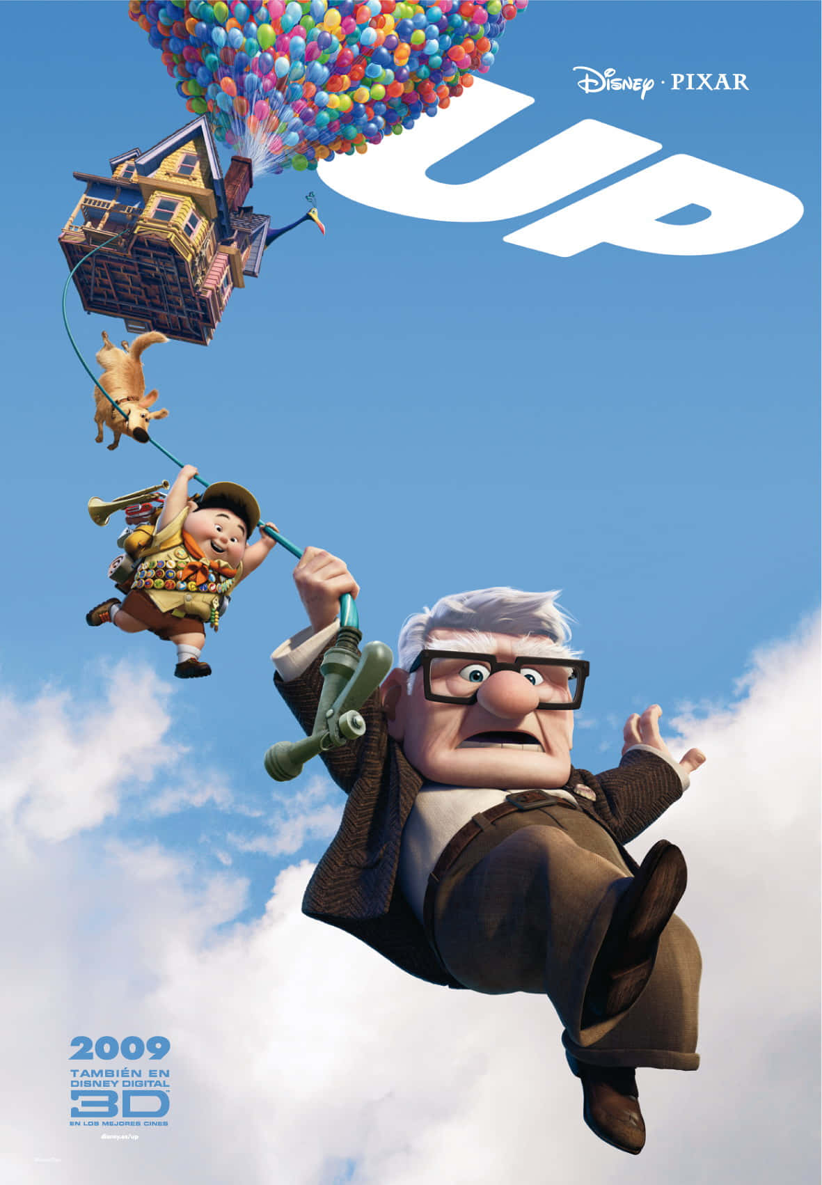 Disney 3d Movies 桌布 壁紙 — 一位老人和一個小男孩在明亮的藍天中飛翔，房子被數千個彩色氣球升起。