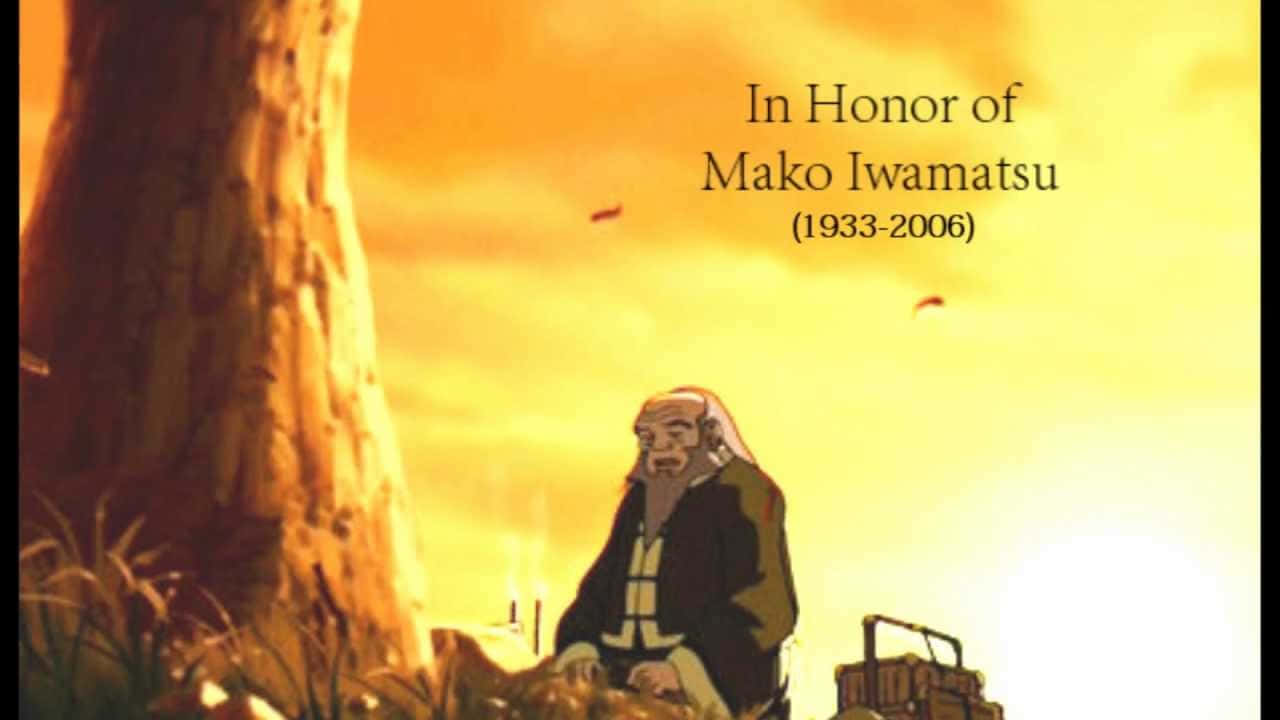 Uncle Iroh 桌布 壁紙 — 一位老人坐在一棵大樹旁，天空是金色的日落，有漂浮的紅葉。