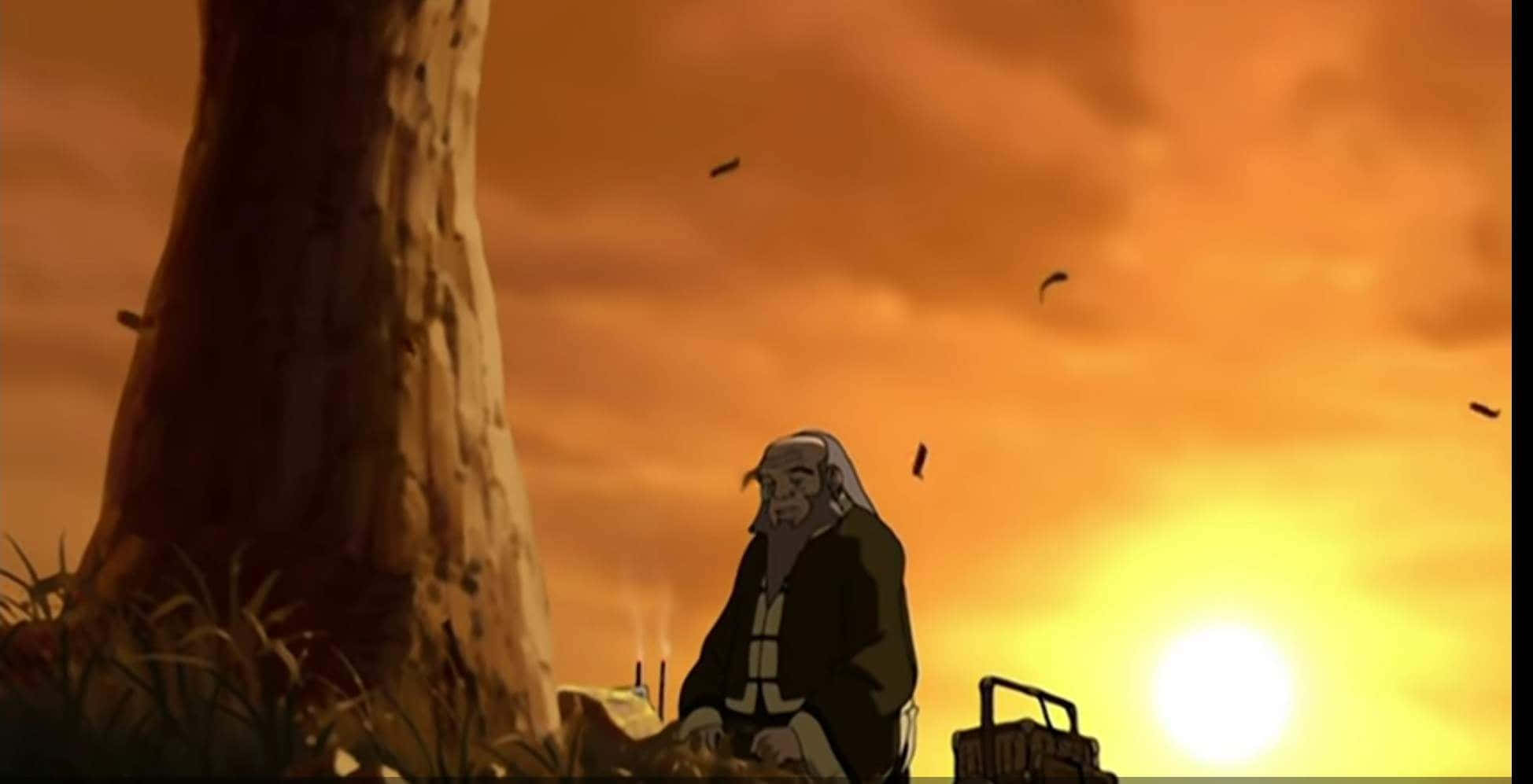 Uncle Iroh 桌布 壁紙 — 一位老人平靜地坐在一棵大樹旁，夕陽以火熱的橙色和黃色色調落下。