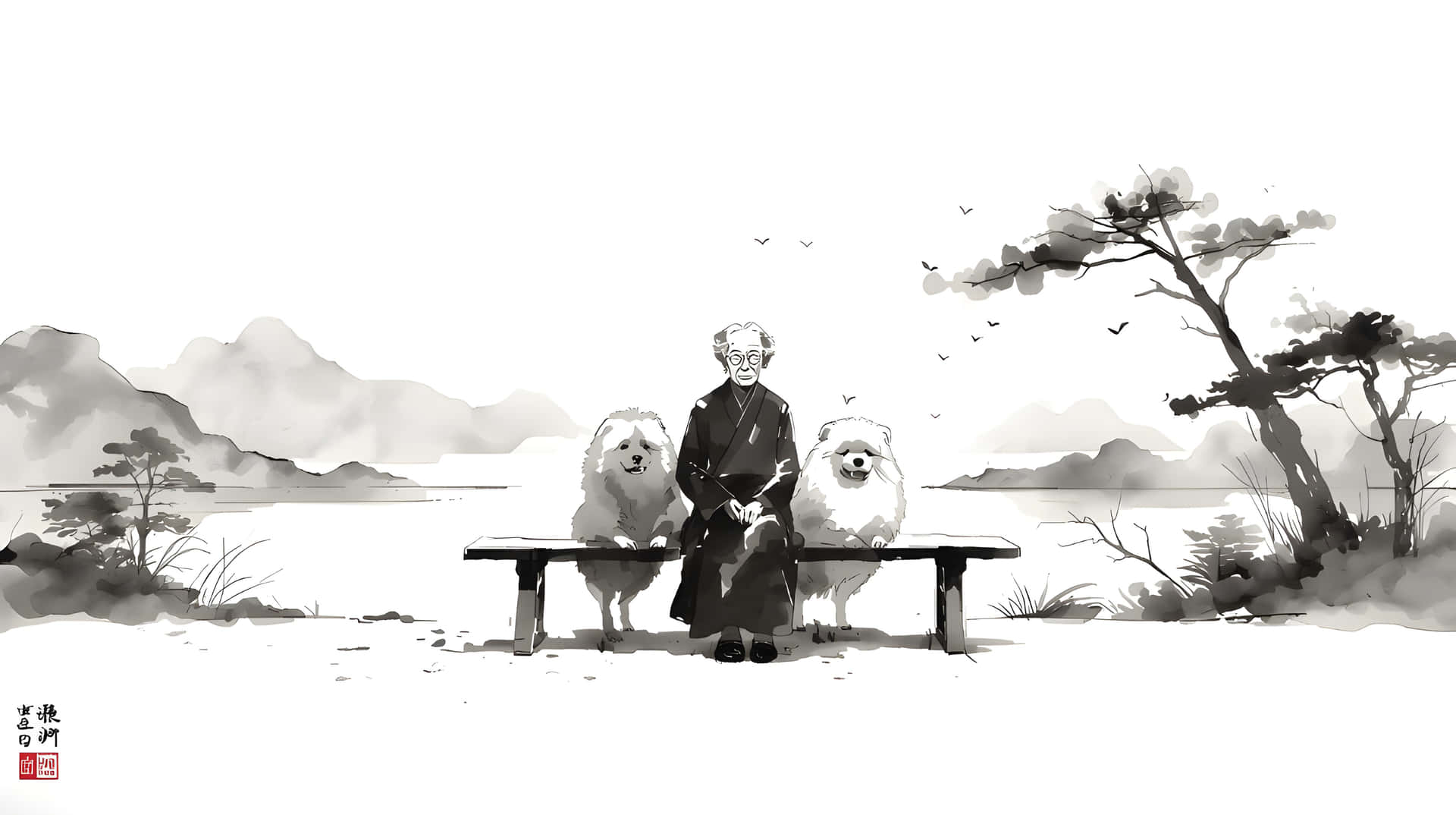 Japanese Sumi-e Style Elderly Man and White Dogs Wallpaper 壁紙 — 一位老人平靜地坐在長椅上，兩側有兩隻毛茸茸的白狗，背景是寧靜的山水墨畫，有遠山和飛鳥。