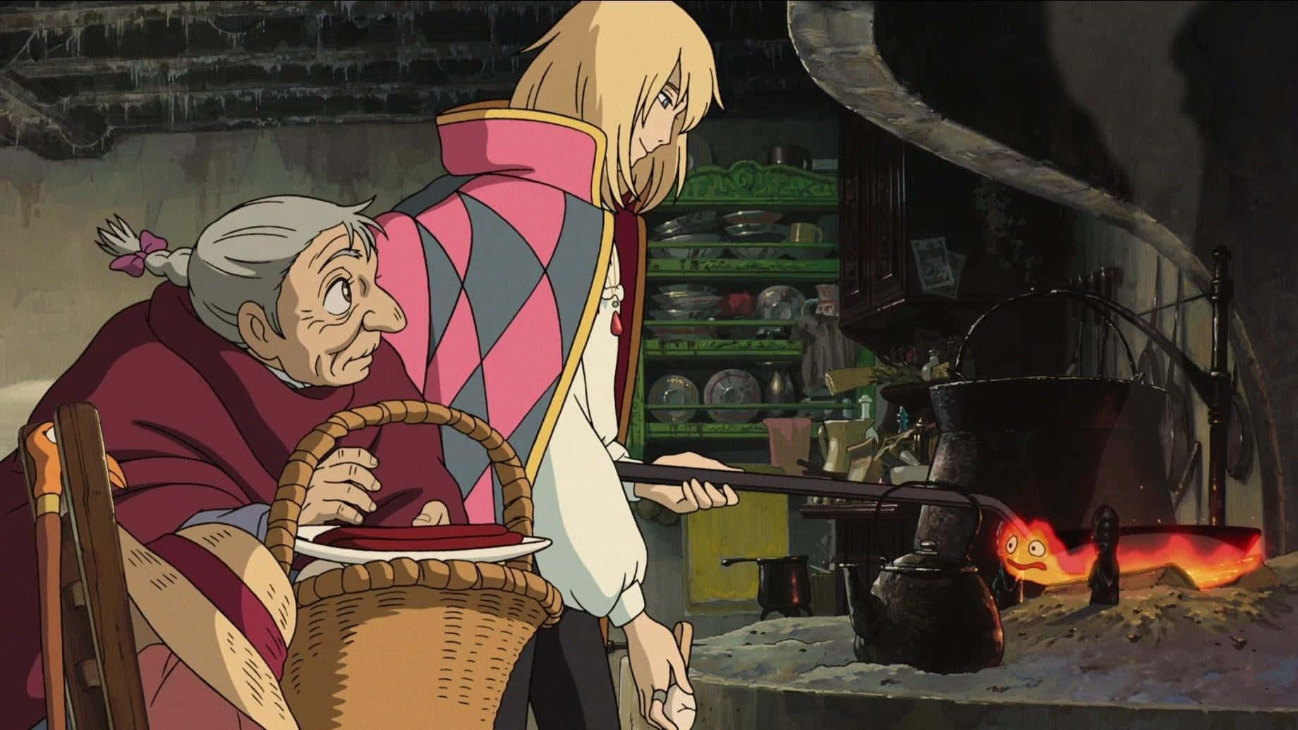 Howl's Moving Castle 桌布 壁紙 — 一位老婦人和一個小女孩在舒適的鄉村風格廚房裡，有熊熊爐火和微笑的茶壺。