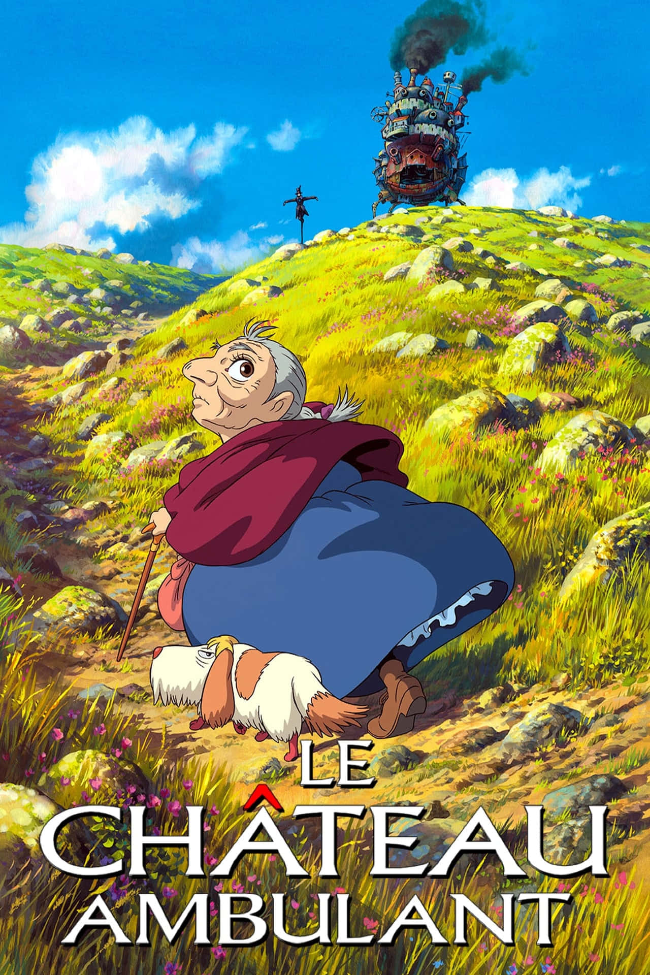 Howl's Moving Castle 桌布 壁紙 — 一位老婦人和她的小狗穿過陽光明媚的草地山坡，走向遠處山頂上一輛奇特蒸汽火車，背景是明亮的藍天。
