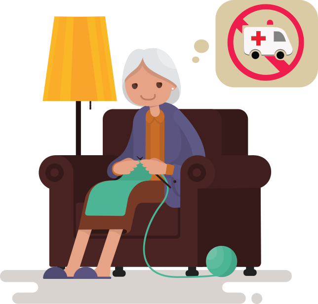 Granny 桌布 壁紙 — 一位老婦人在舒適的扶手椅上，旁邊有一盞溫暖的燈，平靜地編織，並有一個顯示沒有救護車符號的對話氣泡。
