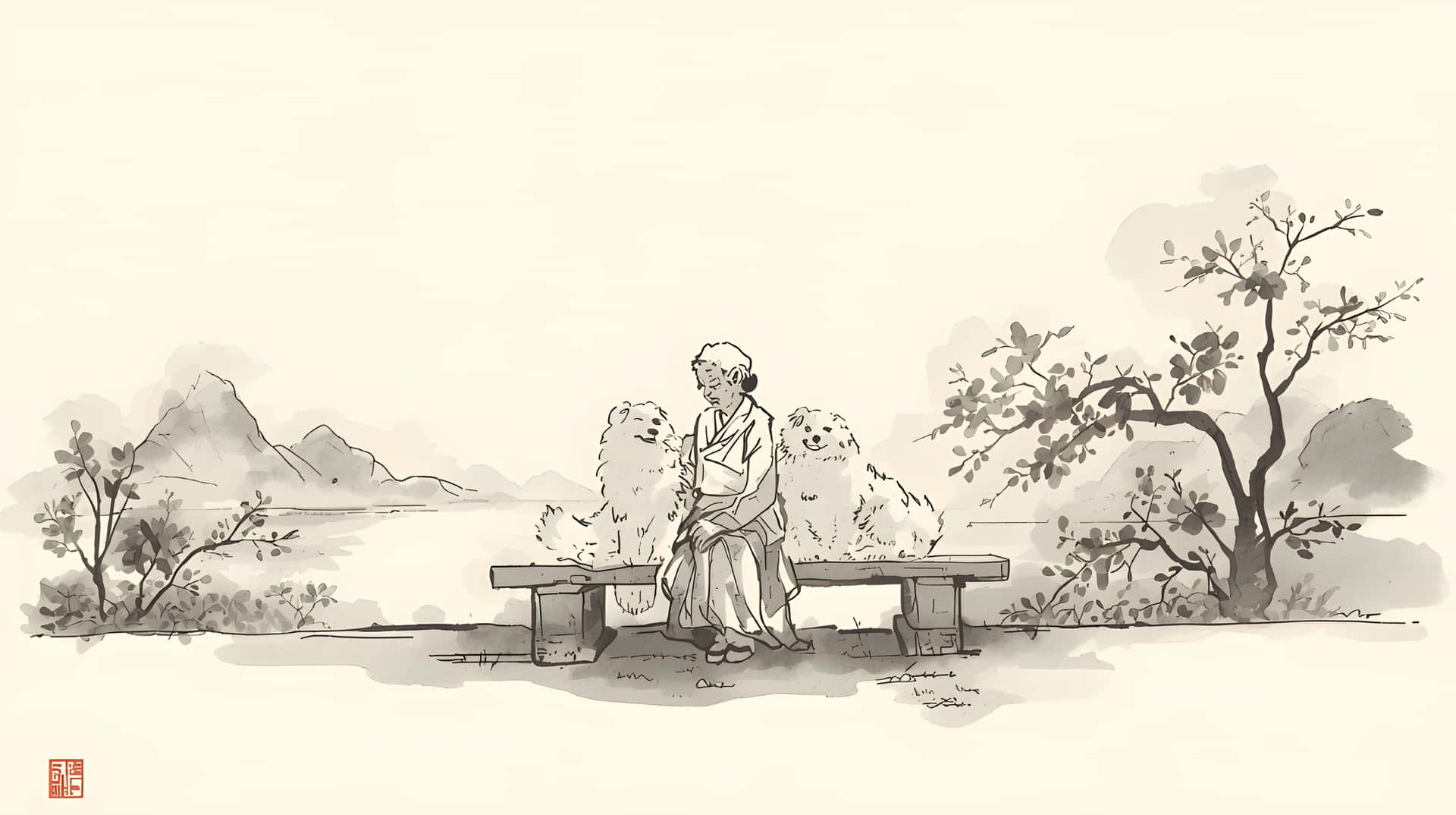 Old Woman Sitting with Dogs in Nature Wallpaper 壁紙 — 一位老婦人坐在木長椅上，身旁有兩隻毛茸茸的狗，背景是寧靜的山水墨畫，有遠山和稀疏的樹木。
