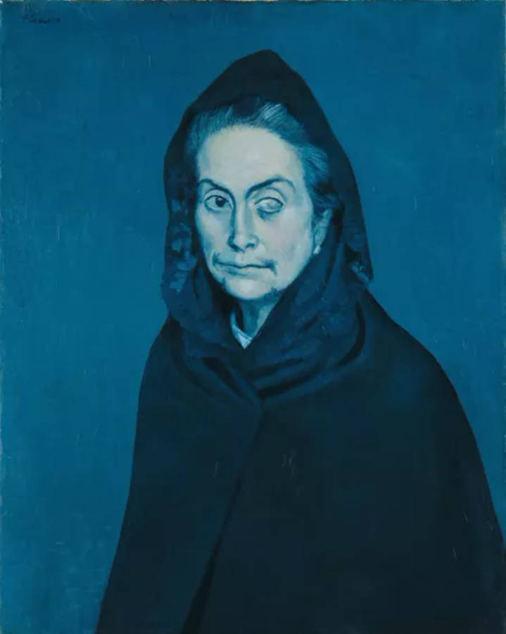 Painting 桌布 壁紙 — 一位老婦人穿著深色連帽斗篷，在深藍色背景下的令人難忘的肖像。