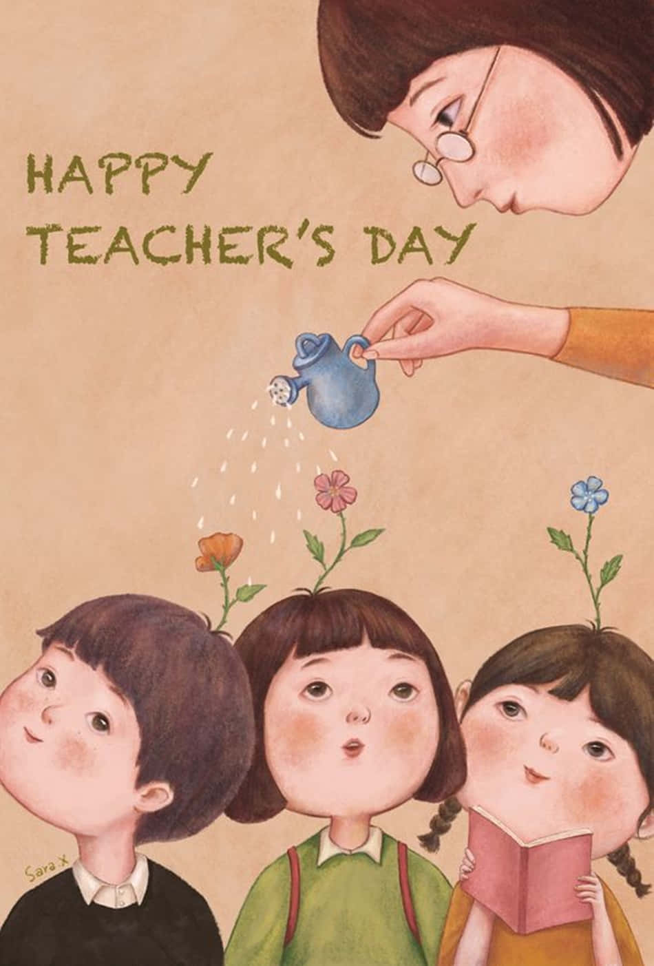 teachers 桌布 壁紙 — 一位老師在溫暖的米色背景上為從孩子頭頂長出的花朵澆水，並帶有「Happy Teacher's Day」文字。