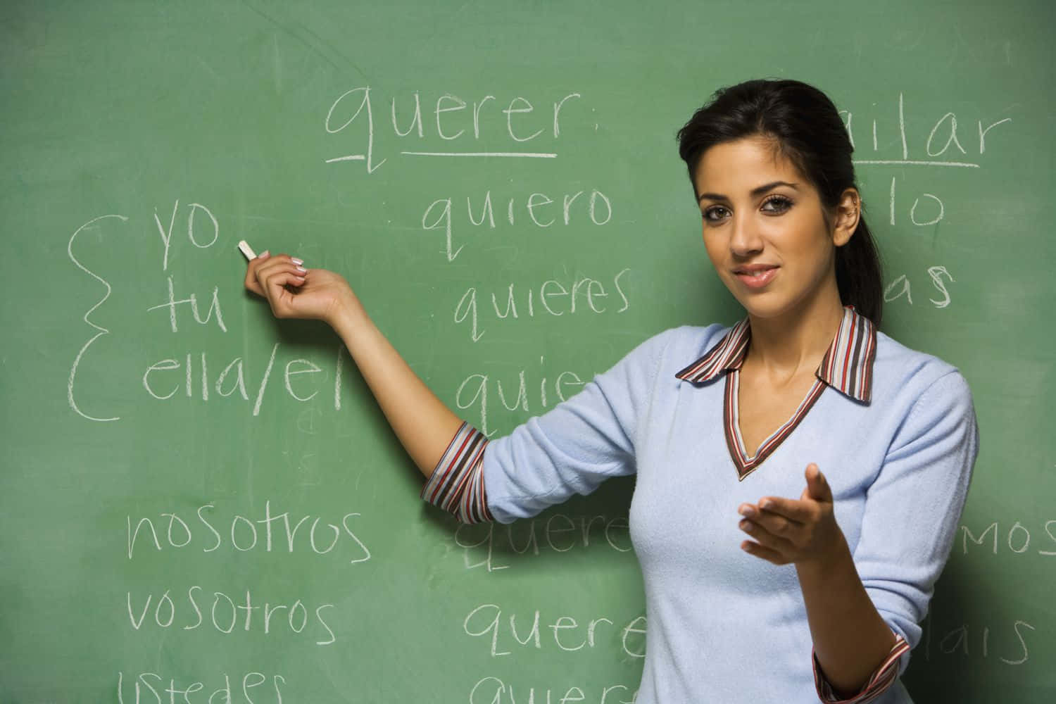 Spanish 桌布 壁紙 — 一位老師在綠色黑板寫西班牙語動詞變化，同時對著鏡頭微笑。
