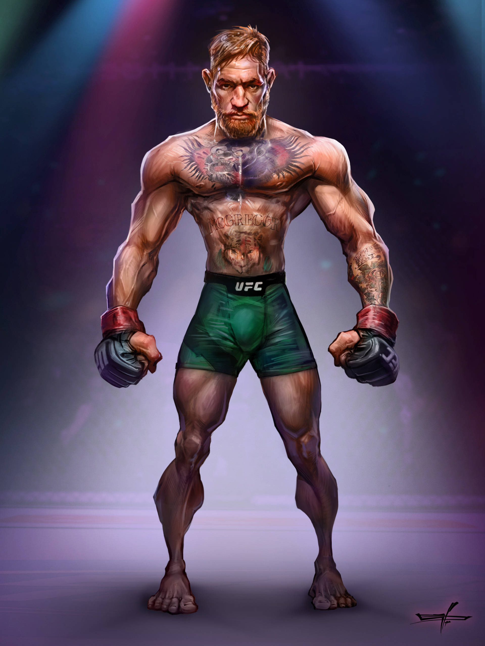Mcgregor 桌布 壁紙 — 一位肌肉發達、帶有刺青、穿著UFC短褲的戰士，在戲劇性的舞台燈光下自信地站立。