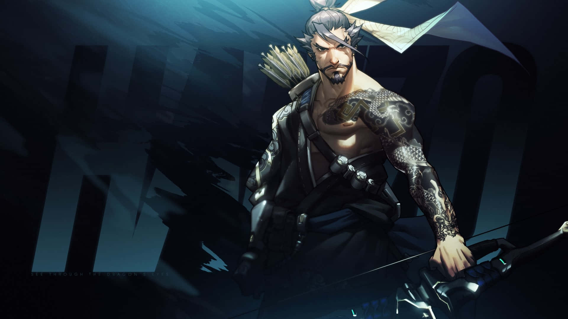 Overwatch Hanzo 桌布 壁紙 — 一位肌肉發達、帶有刺青的弓箭手，目光嚴峻，背著箭筒，在黑暗風格化的數位場景中準備就緒。