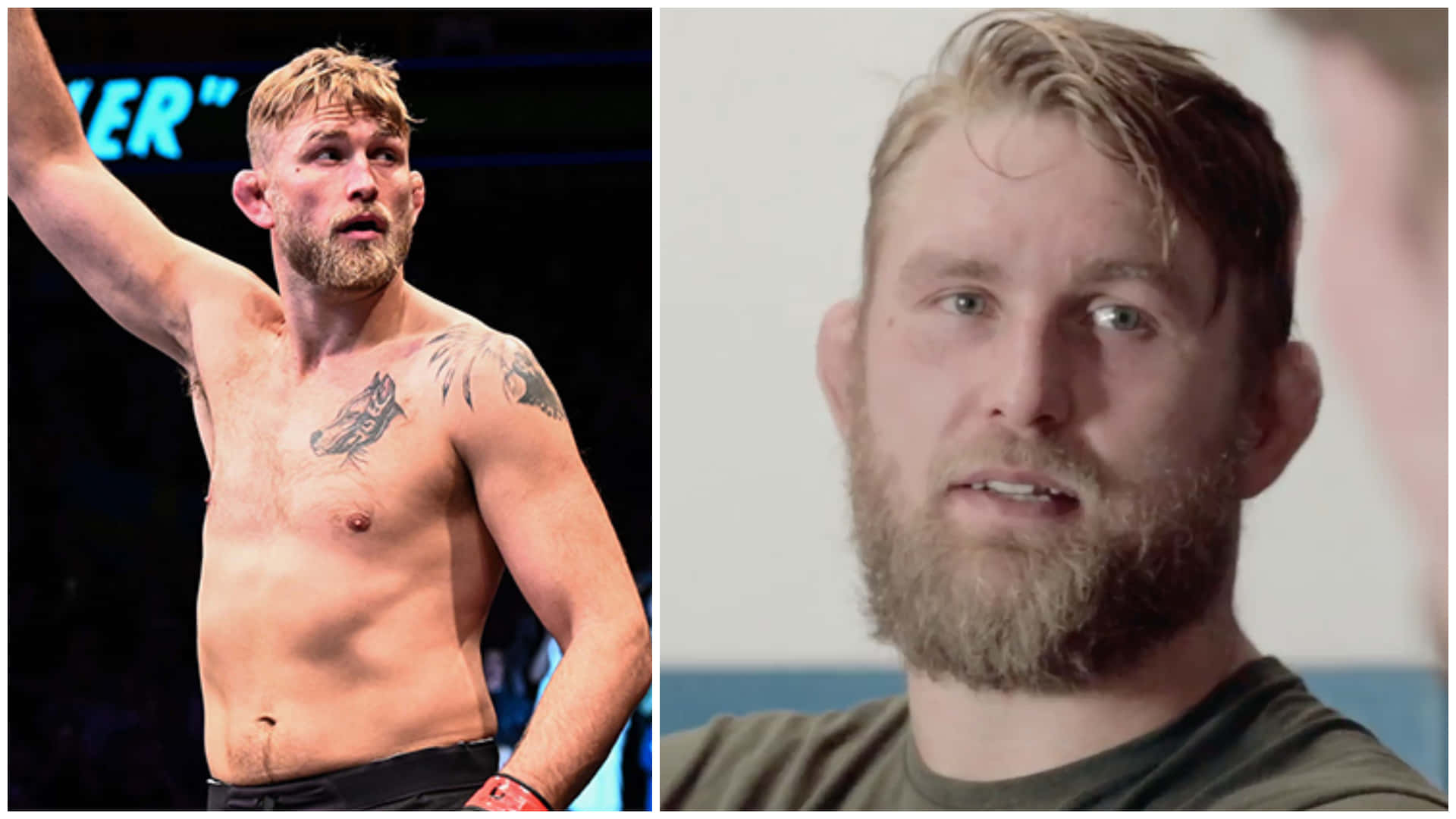 UFC 桌布 壁紙 — 一位肌肉發達、有刺青的拳手在八角籠中慶祝，同時特寫鏡頭展示他在坦誠訪談中的強烈表情。