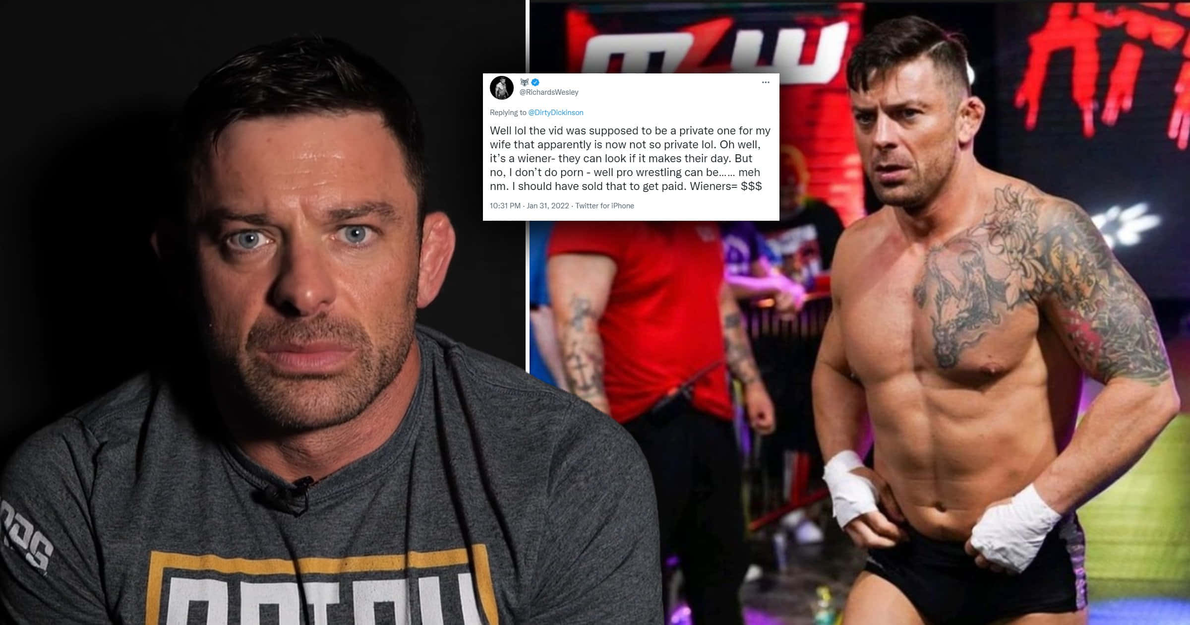 WWE 桌布 壁紙 — 一位肌肉發達、有刺青的摔角手正凝視著，旁邊出現一條關於出售私人影片的推文。