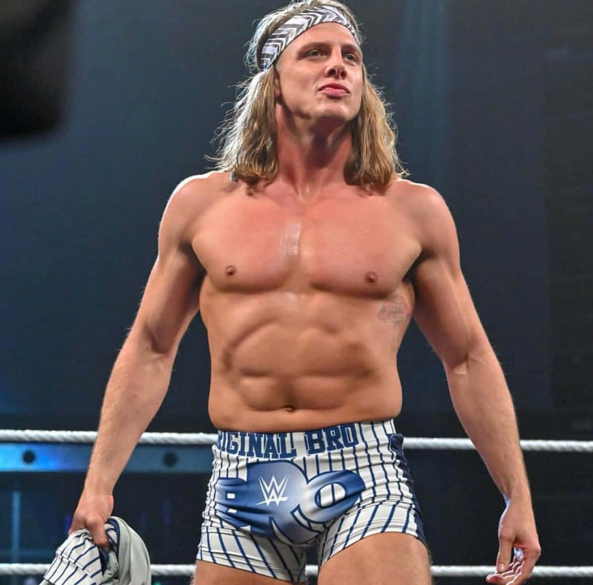 WWE 桌布 壁紙 — 一位肌肉發達、留著金色長髮、戴著頭帶的摔角手自信地站在擂台上，穿著藍白條紋短褲。
