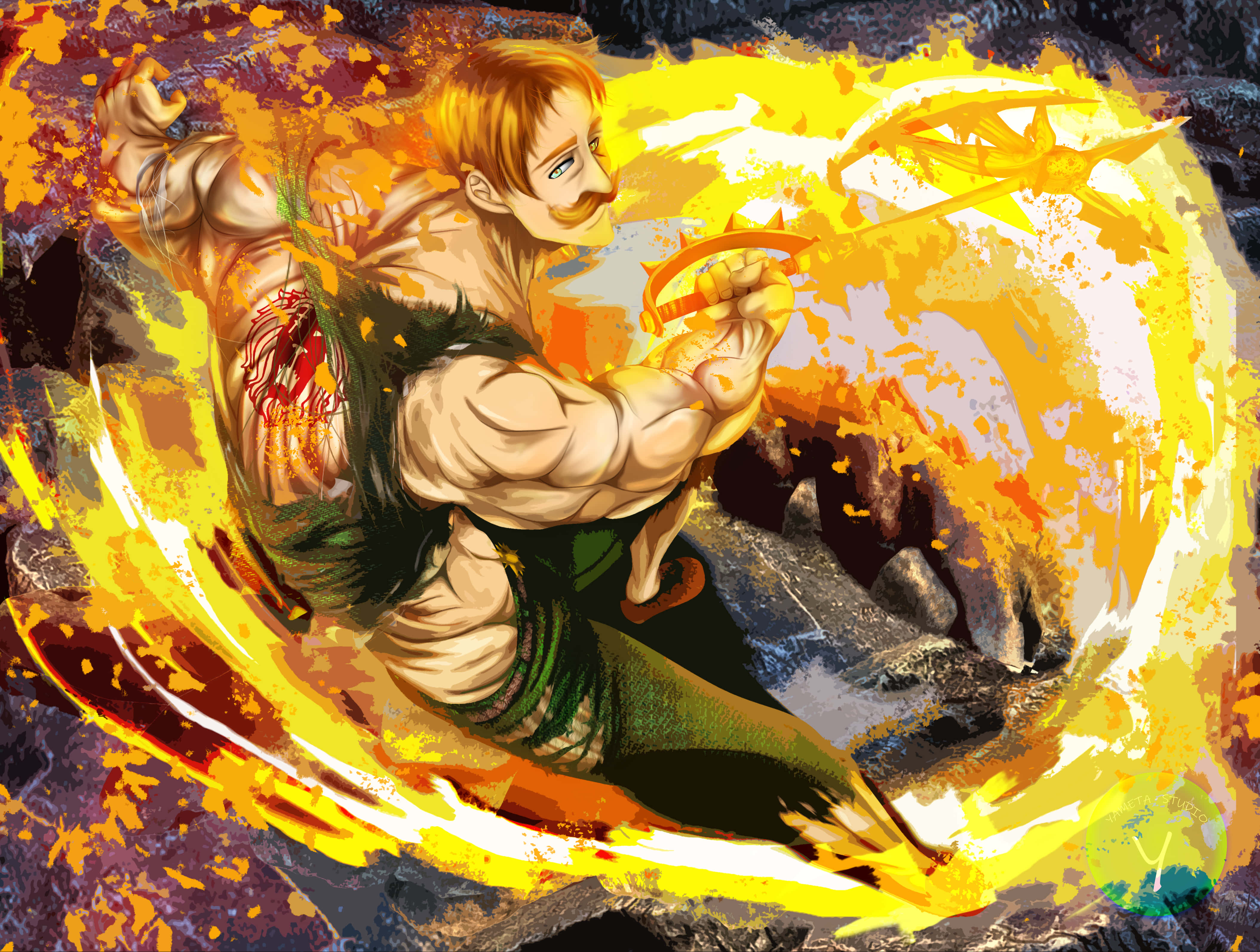 Escanor 桌布 壁紙 — 一位肌肉發達、留著鬍子的動漫戰士，在岩石洞穴中揮舞著發光的劍，周圍是熾熱的橙色和黃色能量。