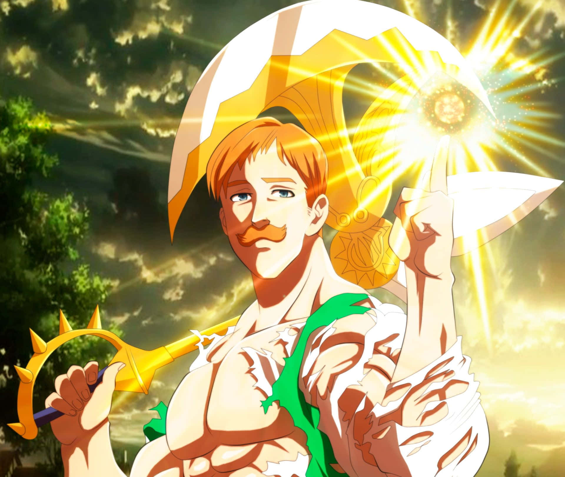 Escanor 桌布 壁紙 — 一位肌肉發達、留著鬍子的動漫英雄，在戲劇性的日落天空下揮舞著發光的金色武器。